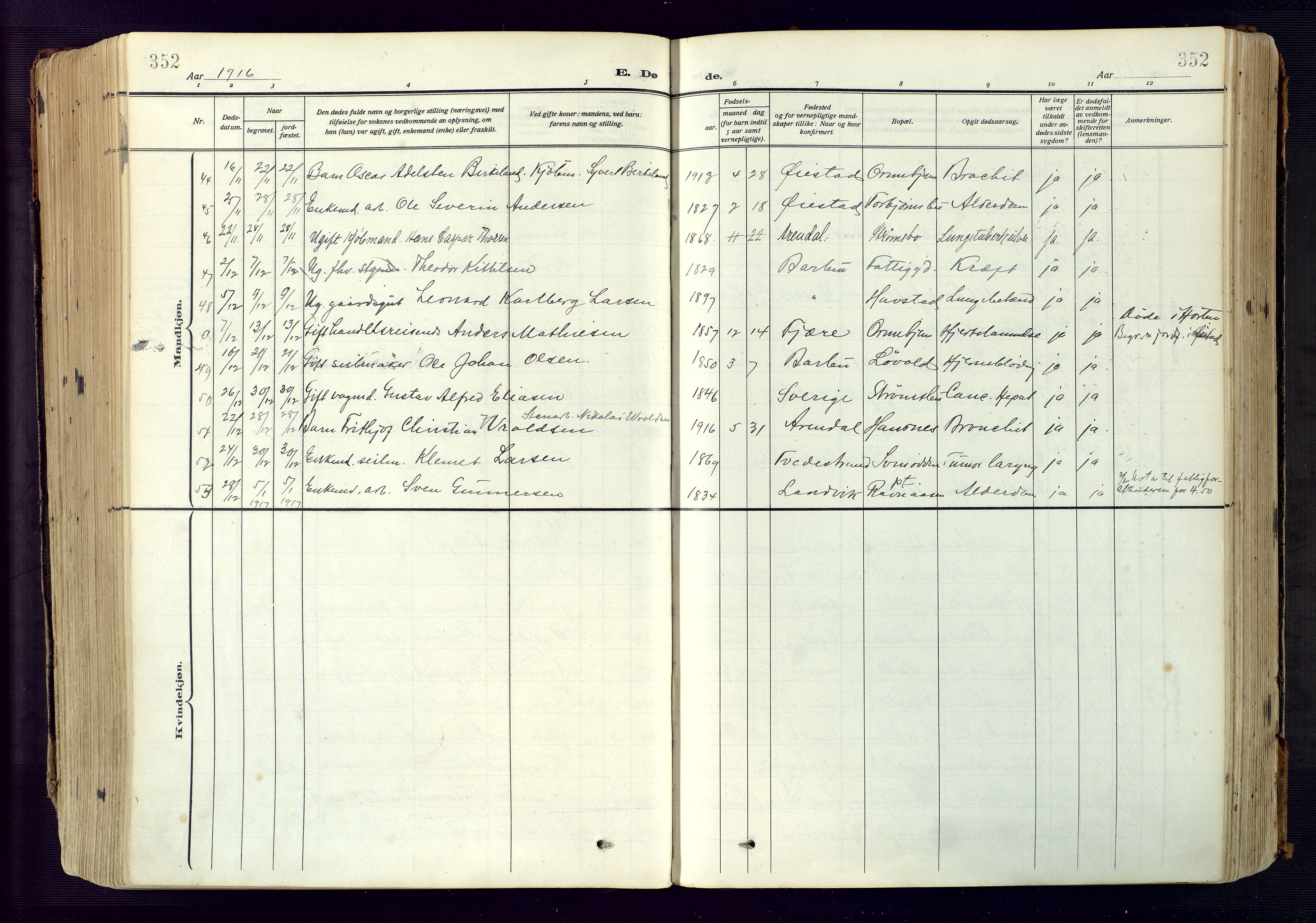 Barbu sokneprestkontor, AV/SAK-1111-0003/F/Fa/L0006: Parish register (official) no. A 6, 1910-1929, p. 352