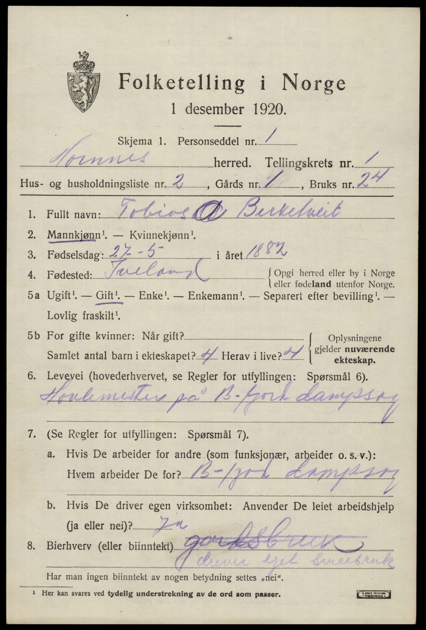 SAK, 1920 census for Hornnes, 1920, p. 567