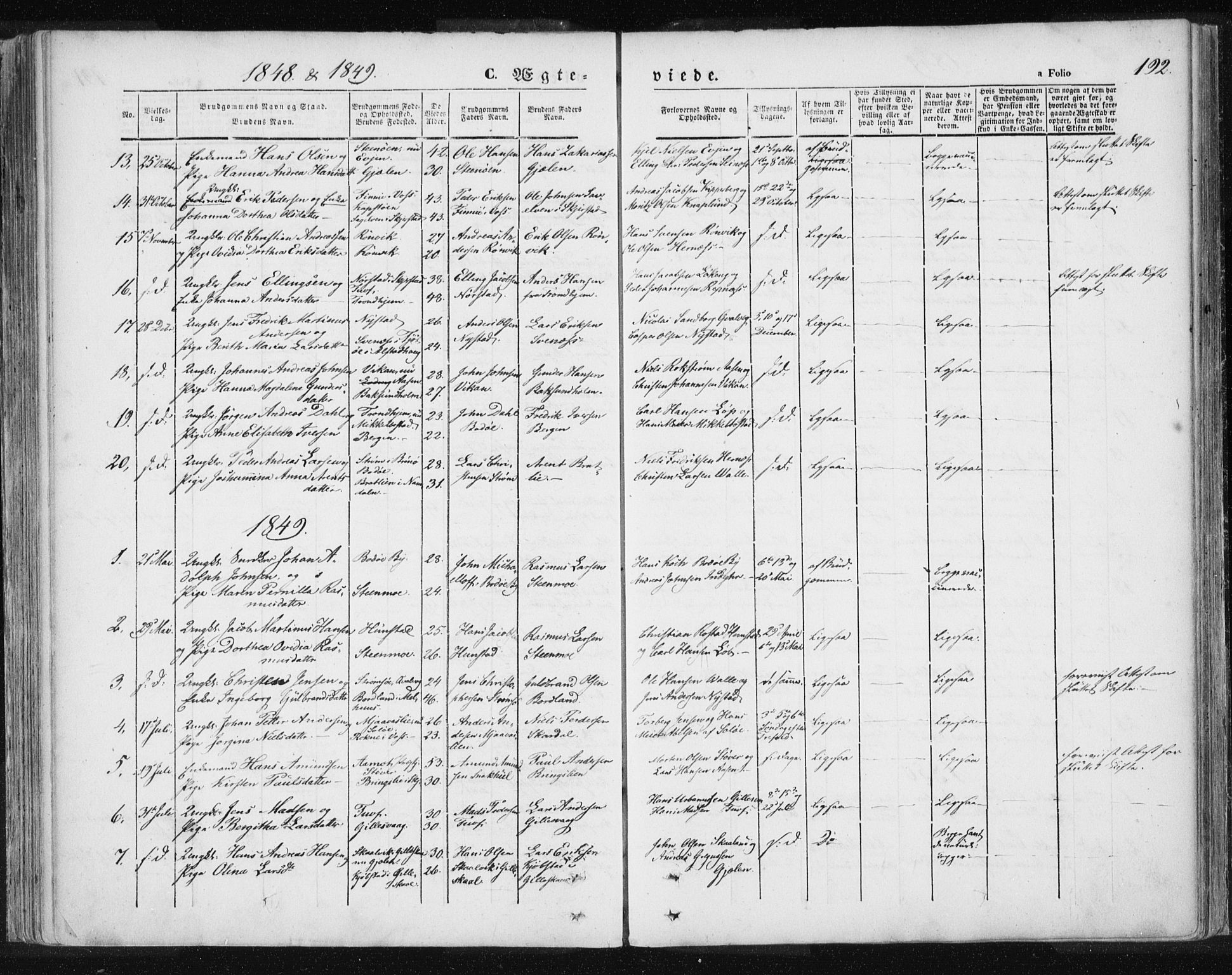 Ministerialprotokoller, klokkerbøker og fødselsregistre - Nordland, SAT/A-1459/801/L0007: Parish register (official) no. 801A07, 1845-1863, p. 192