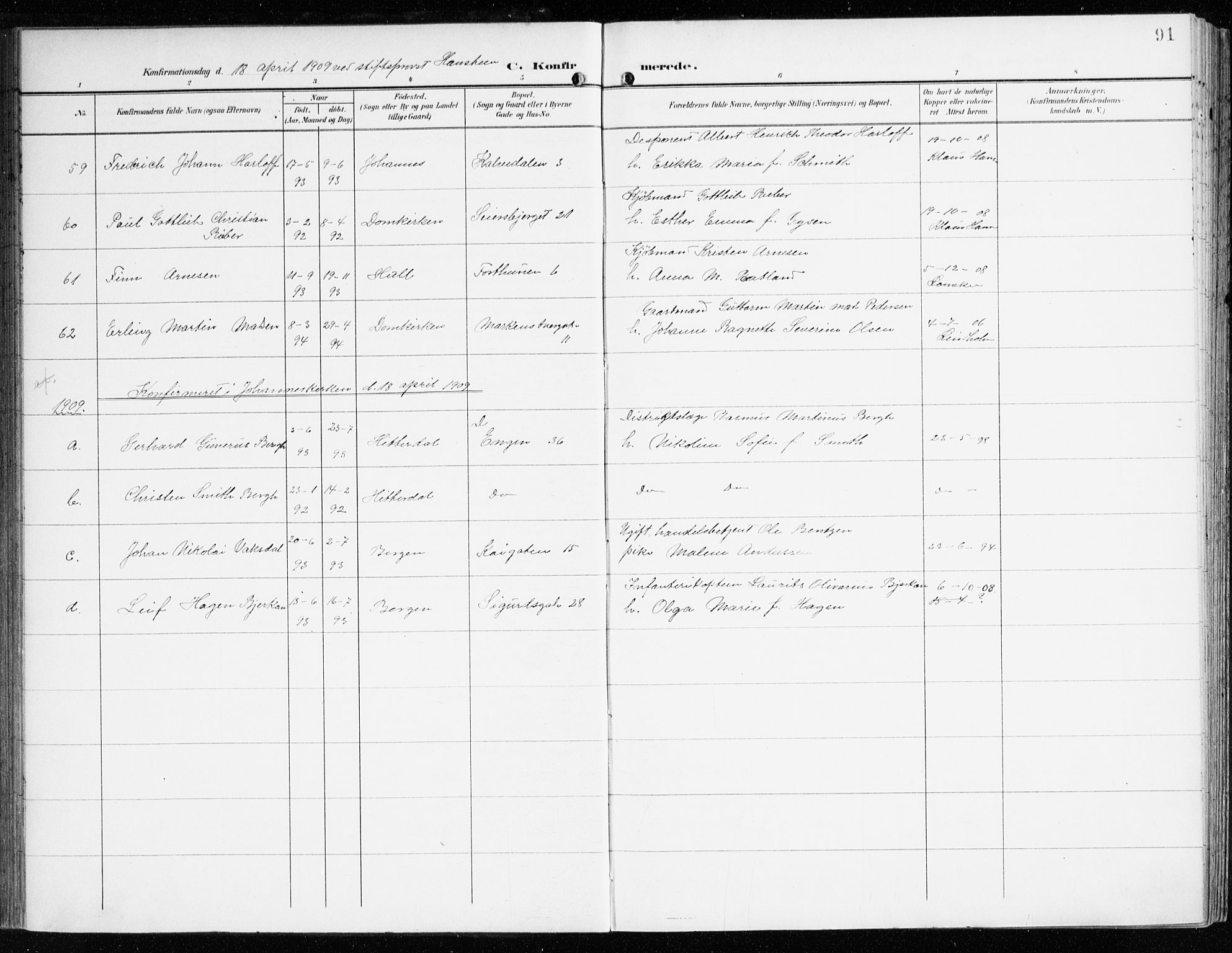 Domkirken sokneprestembete, AV/SAB-A-74801/H/Haa/L0031: Parish register (official) no. C 6, 1898-1915, p. 91