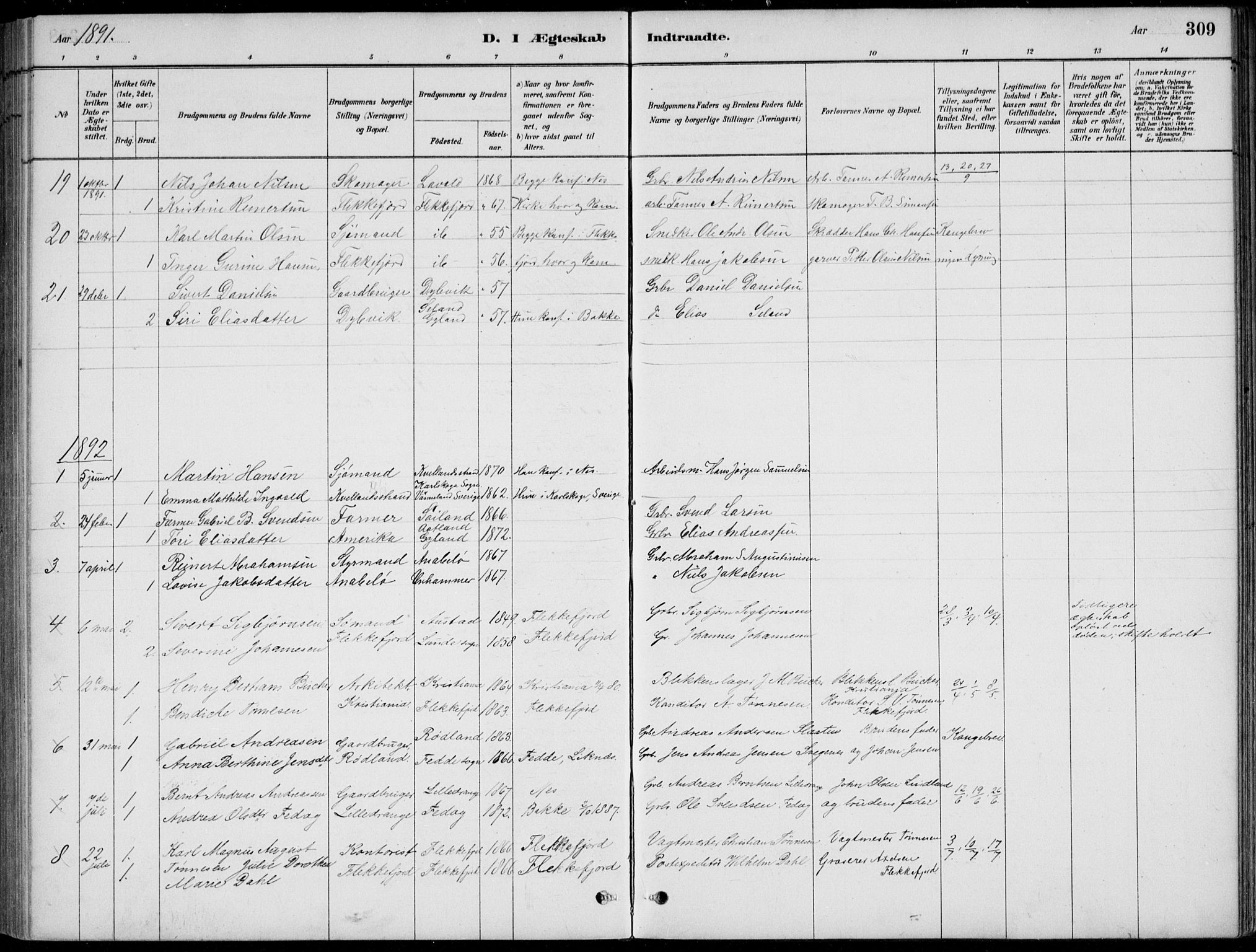 Flekkefjord sokneprestkontor, SAK/1111-0012/F/Fb/Fbc/L0007: Parish register (copy) no. B 7, 1880-1902, p. 309