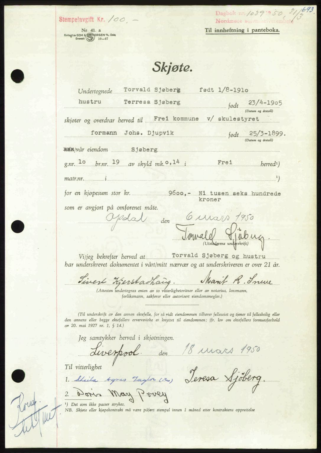 Nordmøre sorenskriveri, AV/SAT-A-4132/1/2/2Ca: Mortgage book no. A114, 1950-1950, Diary no: : 1039/1950