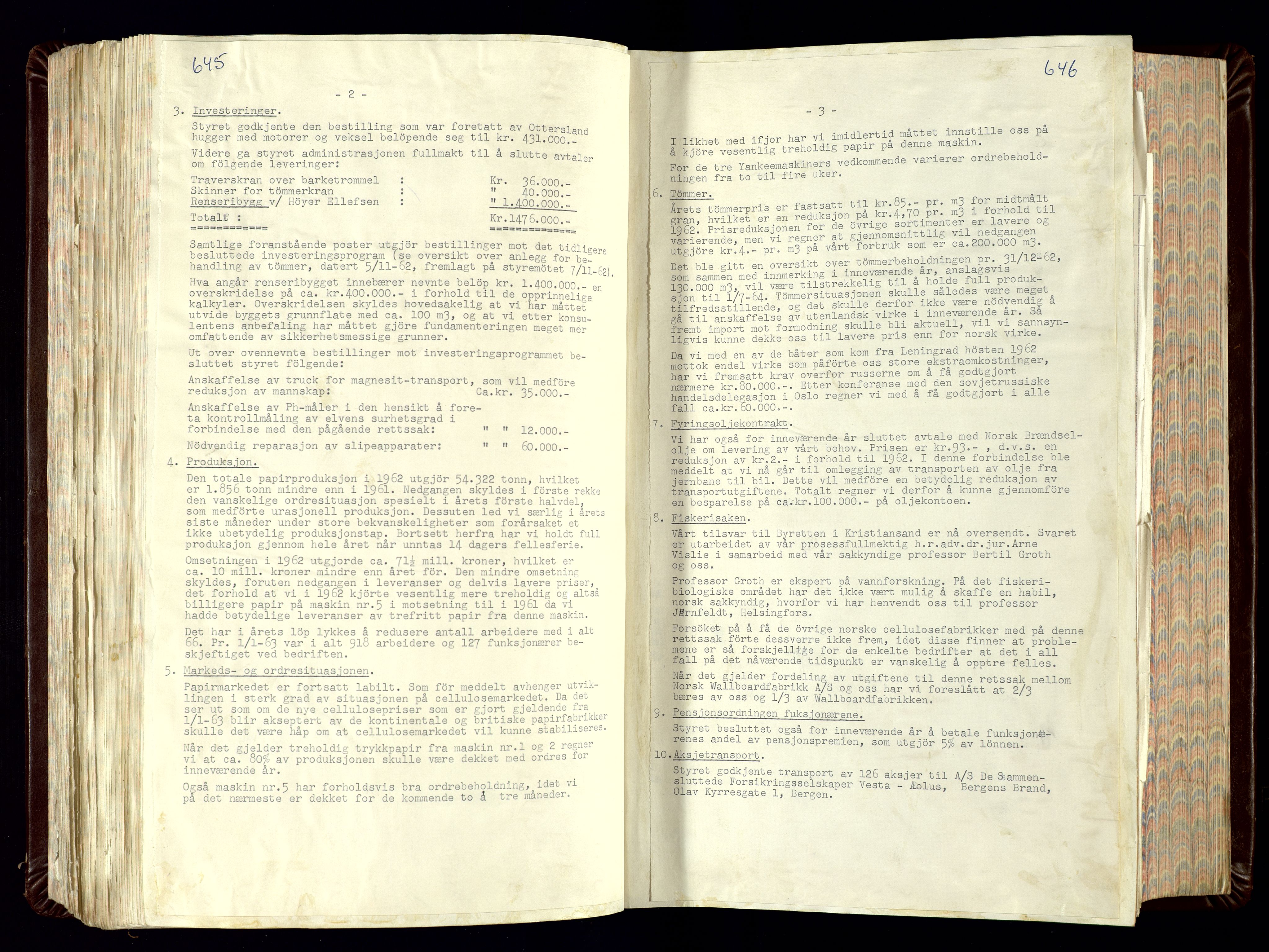 Hunsfos fabrikker, SAK/D/1440/02/L0007: Referatprotokoll fra styremøter (møte nr 114-221), 1951-1964, p. 645-646