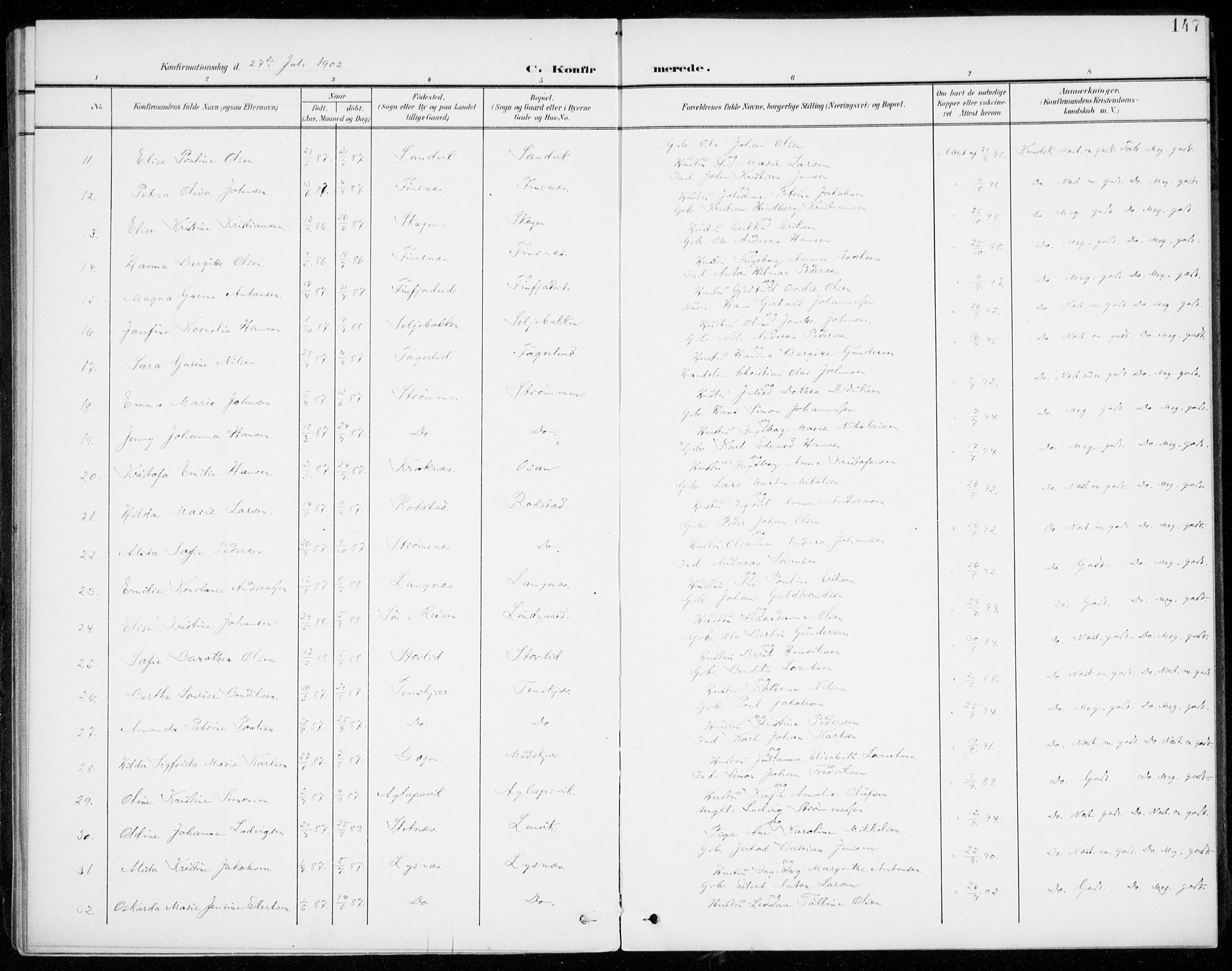 Lenvik sokneprestembete, SATØ/S-1310/H/Ha/Haa/L0014kirke: Parish register (official) no. 14, 1899-1909, p. 147