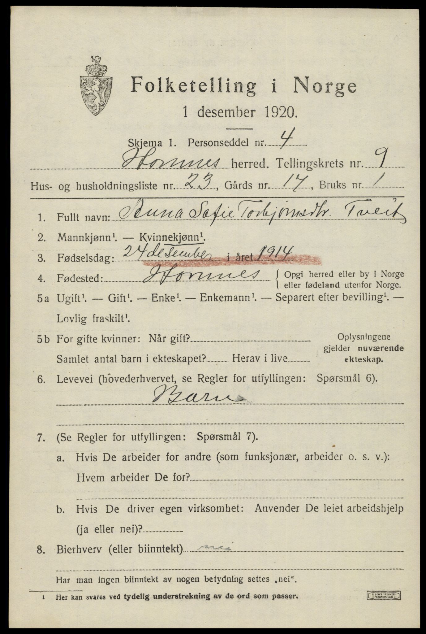 SAK, 1920 census for Hornnes, 1920, p. 2477