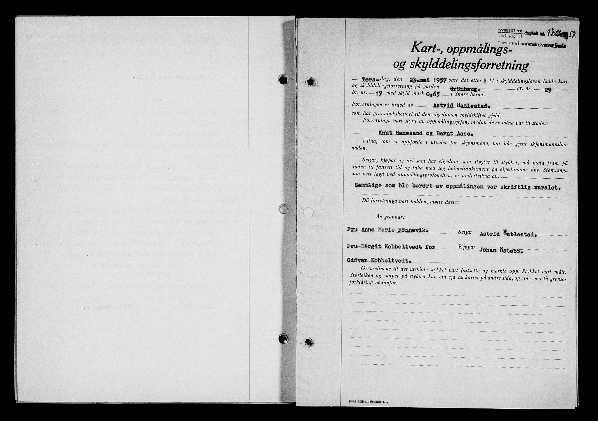 Karmsund sorenskriveri, SAST/A-100311/01/II/IIB/L0125: Mortgage book no. 105A, 1957-1957, Diary no: : 1781/1957