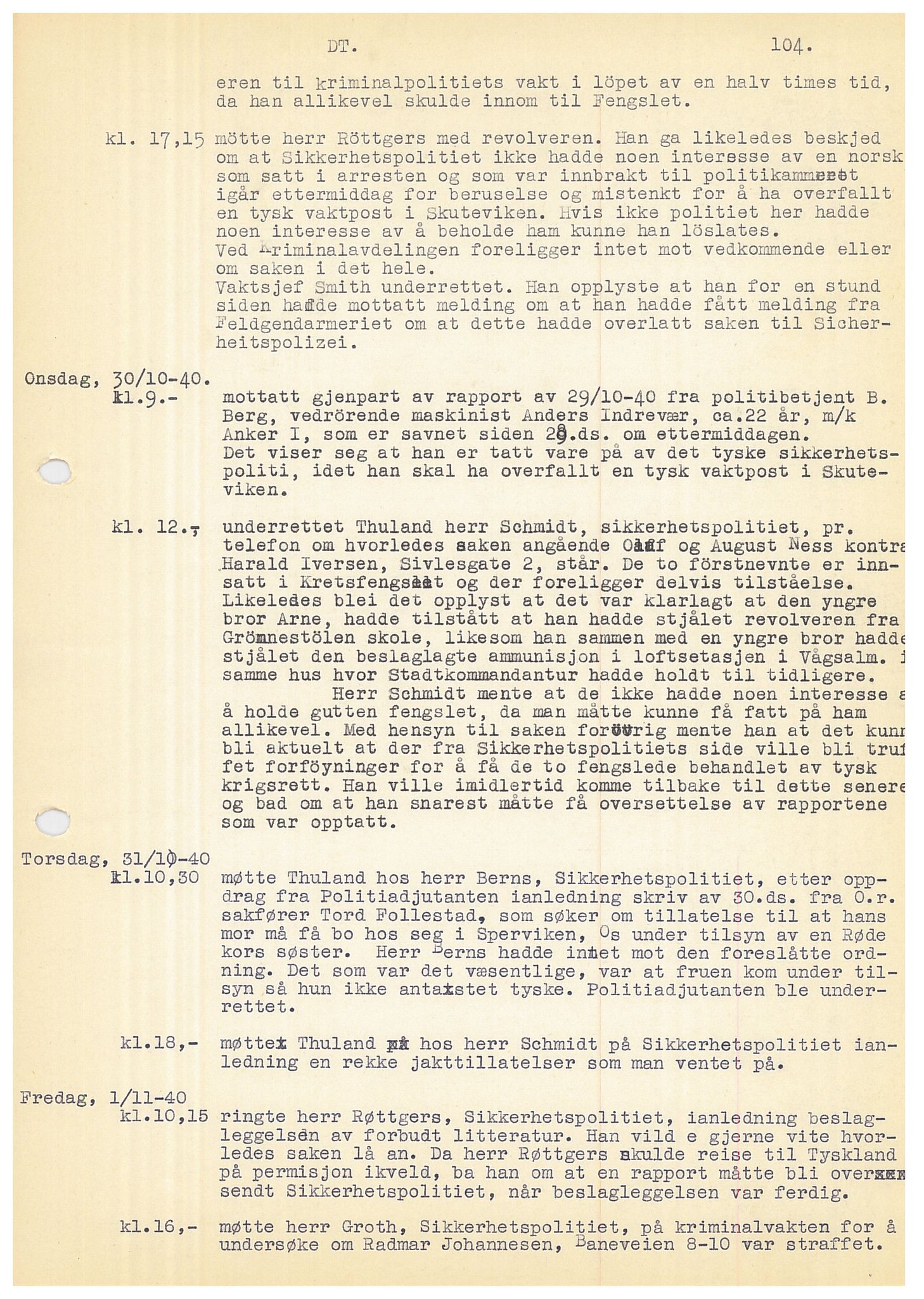 Bergen politikammer / politidistrikt, SAB/A-60401/Y/Ye/L0001: Avskrift av krigsdagbok av Dankert Thuland, 1940-1941, p. 104