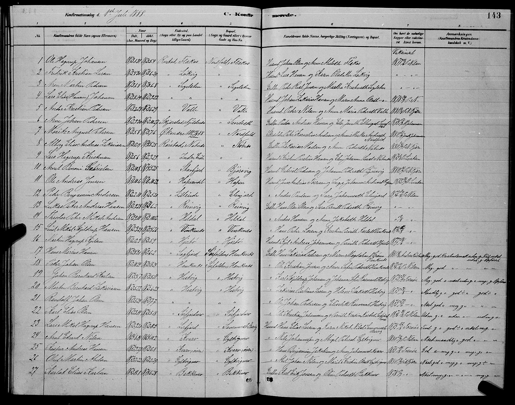 Ministerialprotokoller, klokkerbøker og fødselsregistre - Nordland, AV/SAT-A-1459/853/L0776: Parish register (copy) no. 853C04, 1878-1889, p. 143