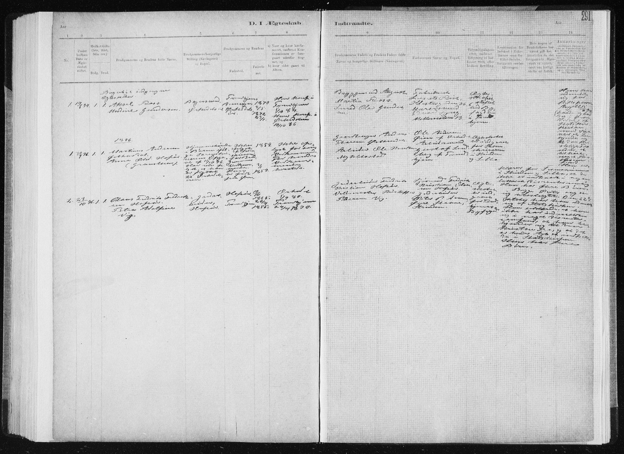 Ministerialprotokoller, klokkerbøker og fødselsregistre - Sør-Trøndelag, SAT/A-1456/668/L0818: Parish register (copy) no. 668C07, 1885-1898, p. 291