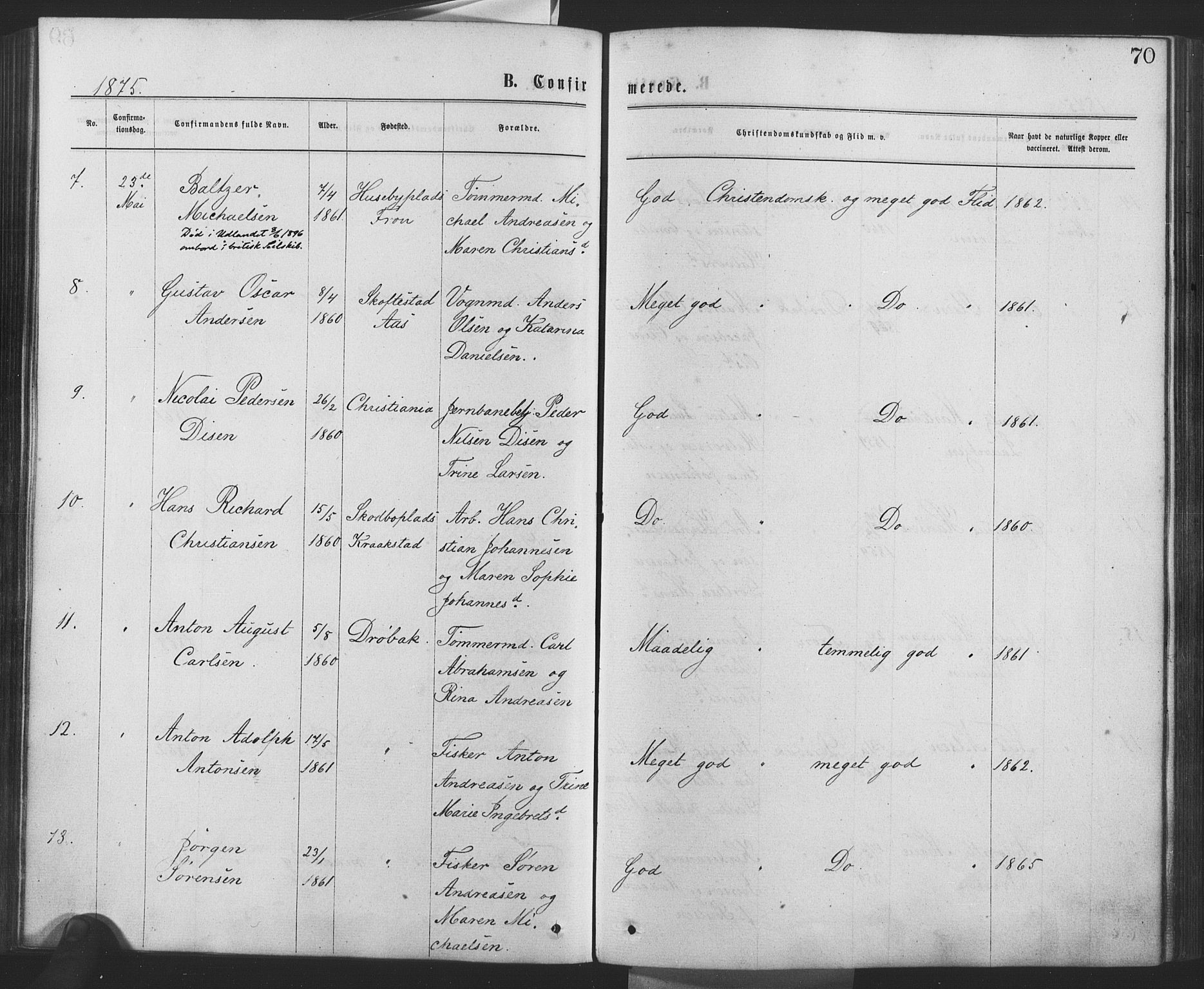 Drøbak prestekontor Kirkebøker, AV/SAO-A-10142a/F/Fa/L0003: Parish register (official) no. I 3, 1871-1877, p. 70