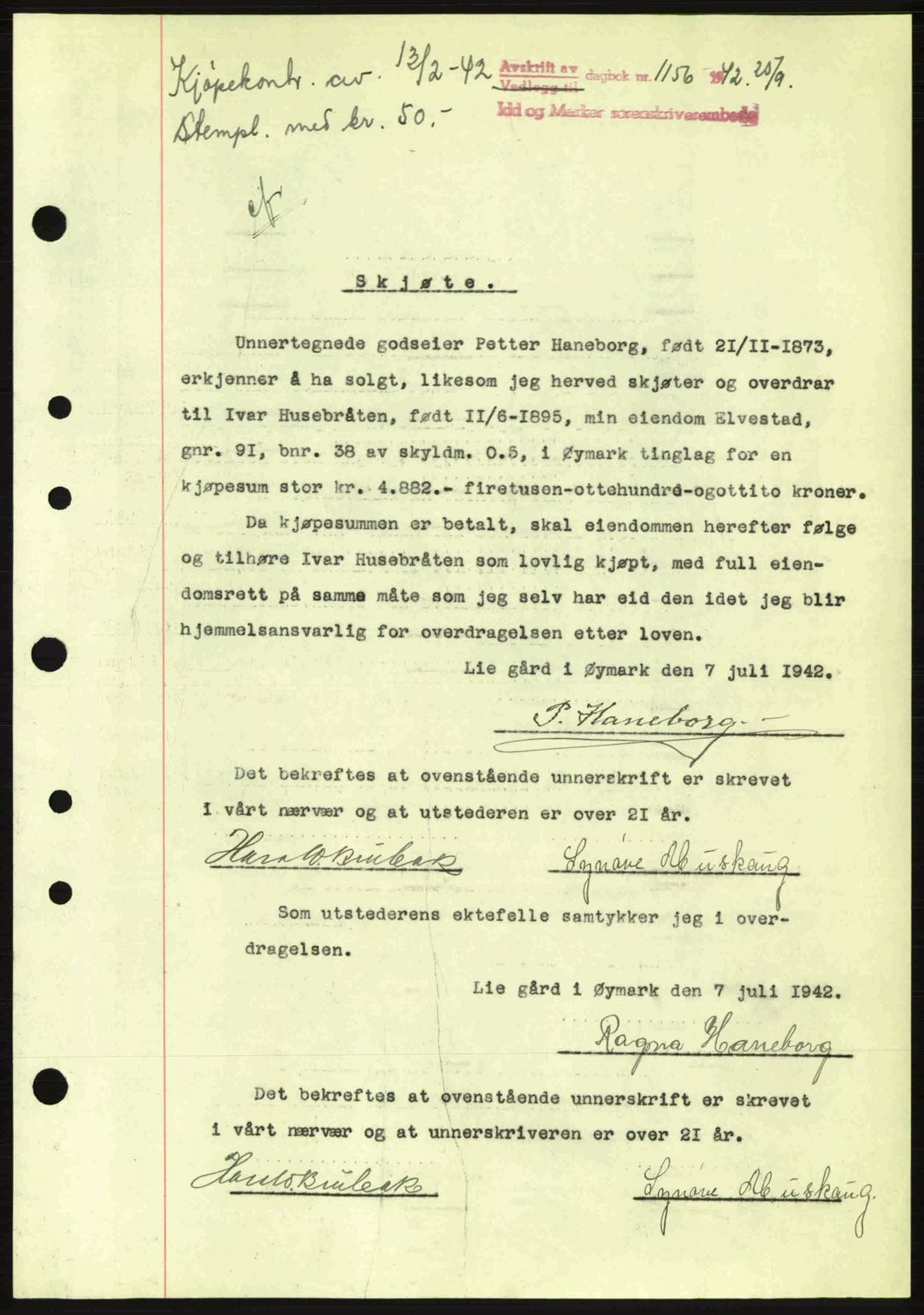 Idd og Marker sorenskriveri, AV/SAO-A-10283/G/Gb/Gbb/L0005: Mortgage book no. A5, 1941-1943, Diary no: : 1156/1942