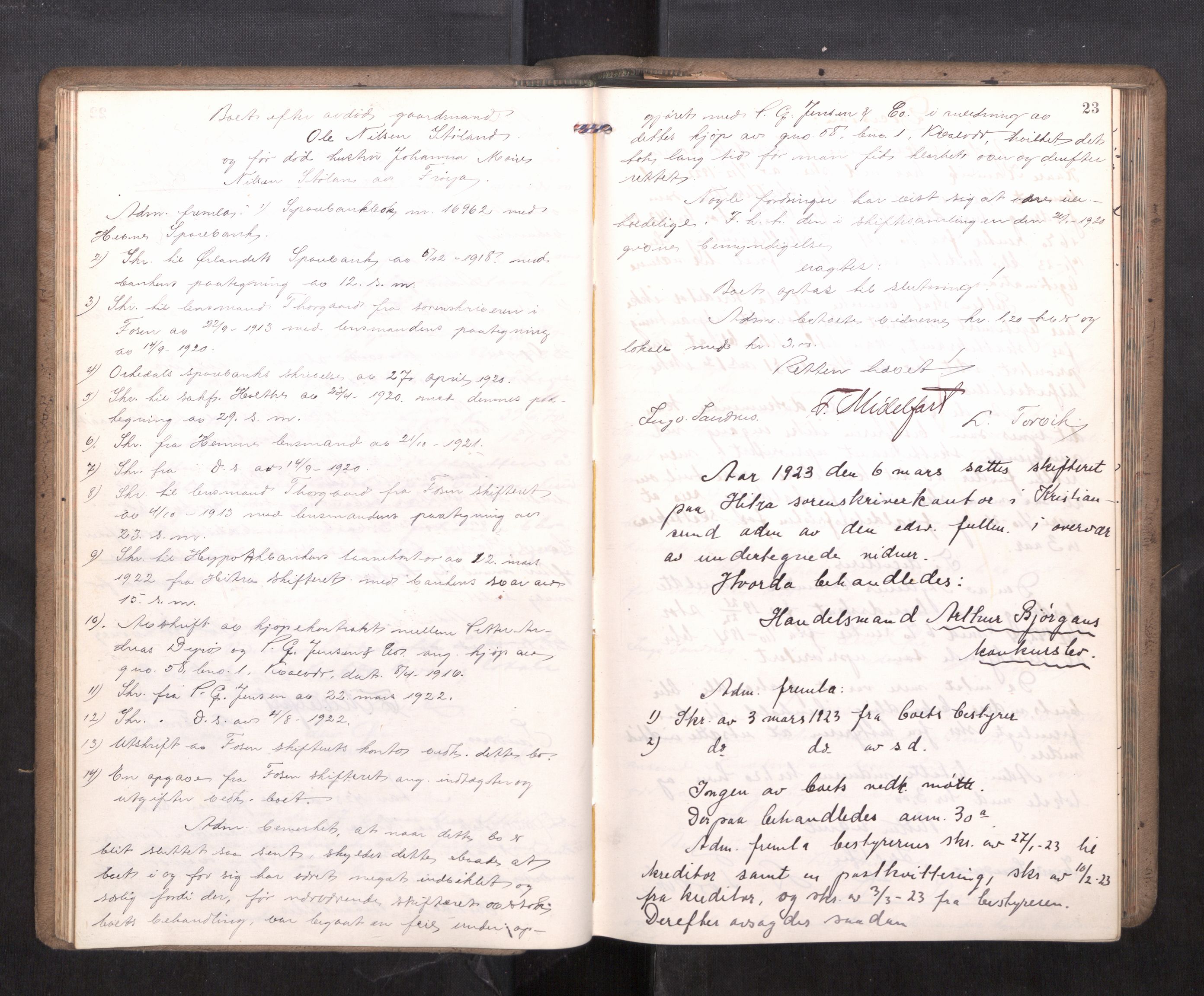 Hitra sorenskriveri, AV/SAT-A-0018/3/3B/L0002: Skifteforhandlingsprotokoll, 1922-1927, p. 22b-23a