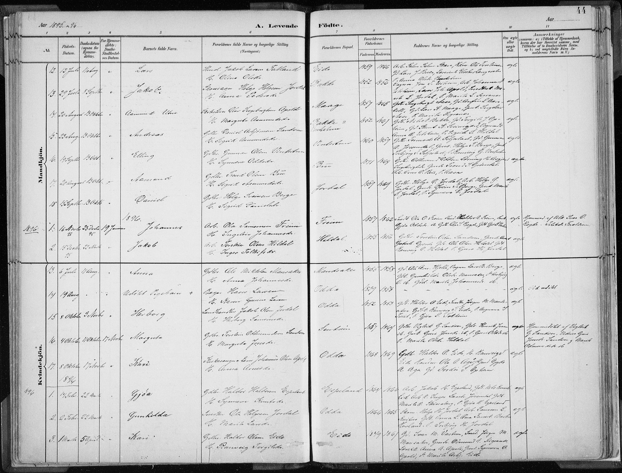 Odda Sokneprestembete, SAB/A-77201/H/Haa: Parish register (official) no. A  3, 1882-1913, p. 44
