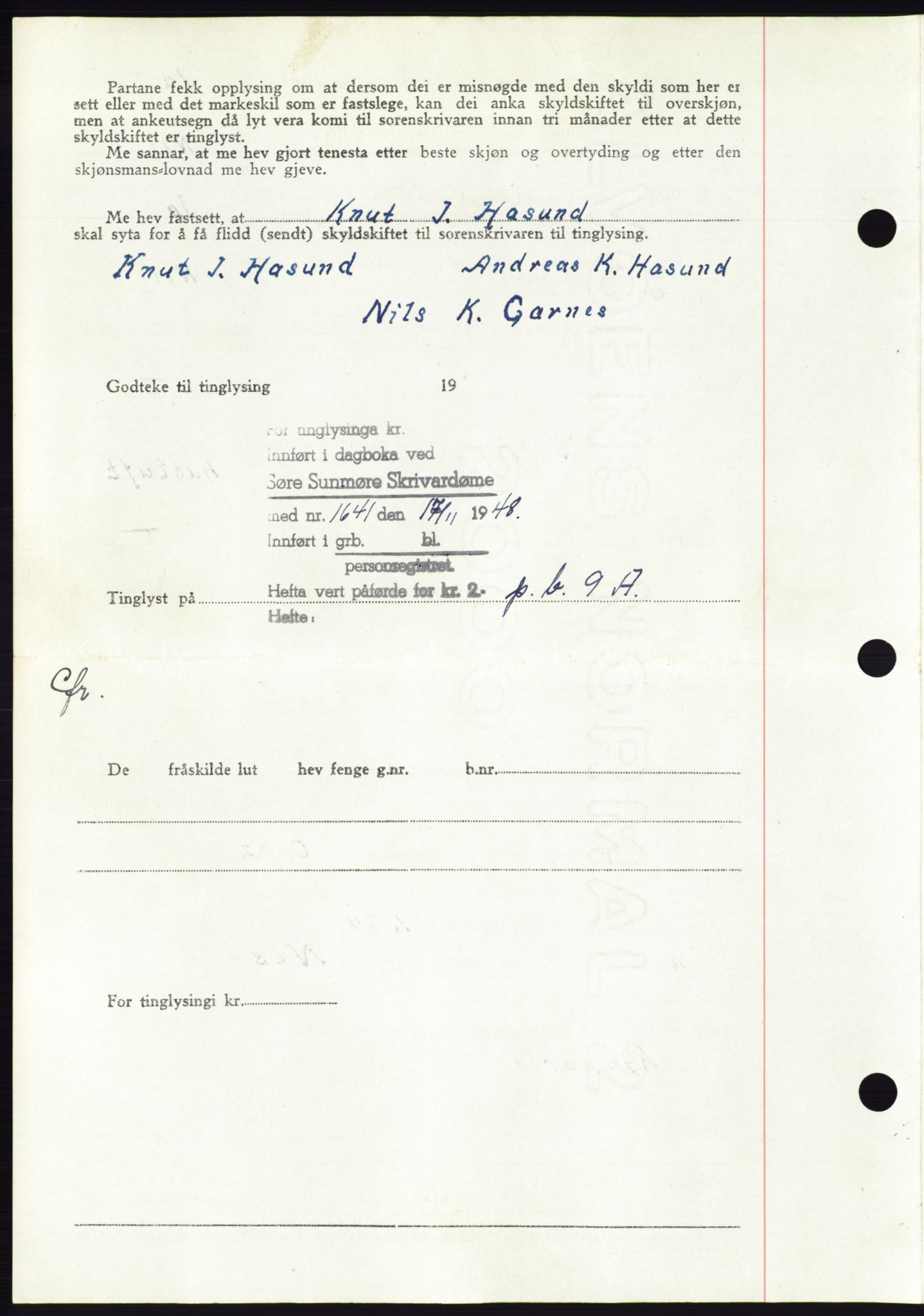 Søre Sunnmøre sorenskriveri, AV/SAT-A-4122/1/2/2C/L0083: Mortgage book no. 9A, 1948-1949, Diary no: : 1641/1948