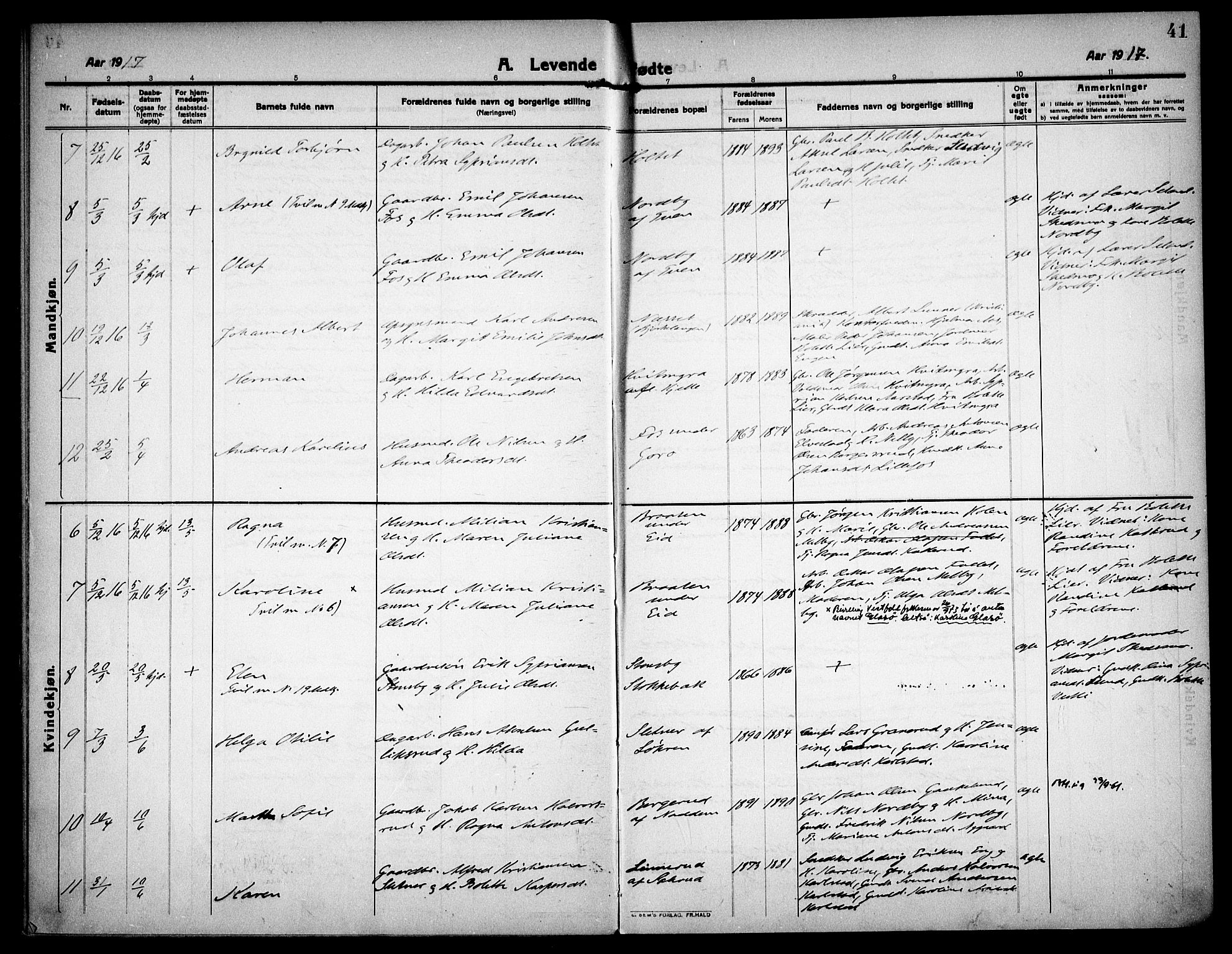 Høland prestekontor Kirkebøker, AV/SAO-A-10346a/F/Fa/L0016: Parish register (official) no. I 16, 1912-1921, p. 41