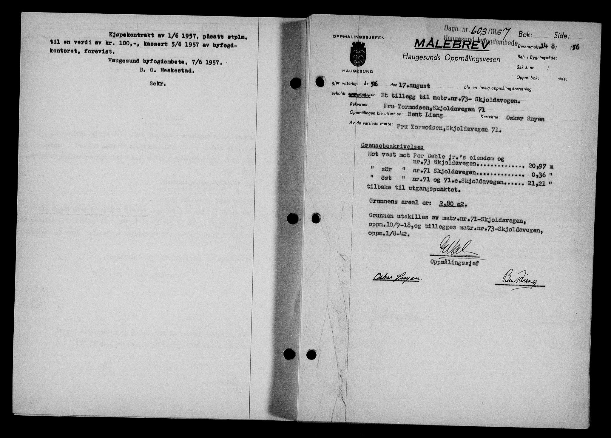 Haugesund tingrett, SAST/A-101415/01/II/IIC/L0068: Mortgage book no. A 9, 1956-1958, Diary no: : 603/1957