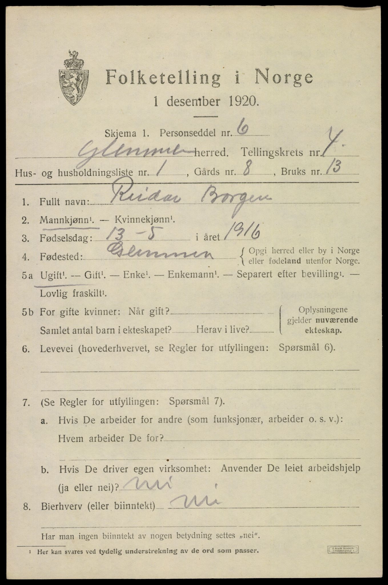 SAO, 1920 census for Glemmen, 1920, p. 10475