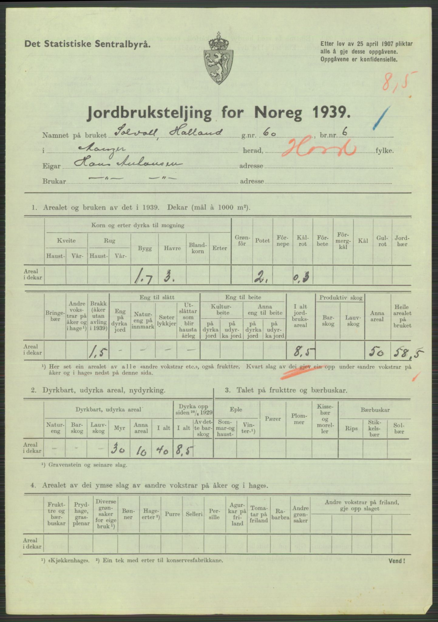 Statistisk sentralbyrå, Næringsøkonomiske emner, Jordbruk, skogbruk, jakt, fiske og fangst, AV/RA-S-2234/G/Gb/L0211: Hordaland: Herdla, Hjelme og Manger, 1939, p. 1449