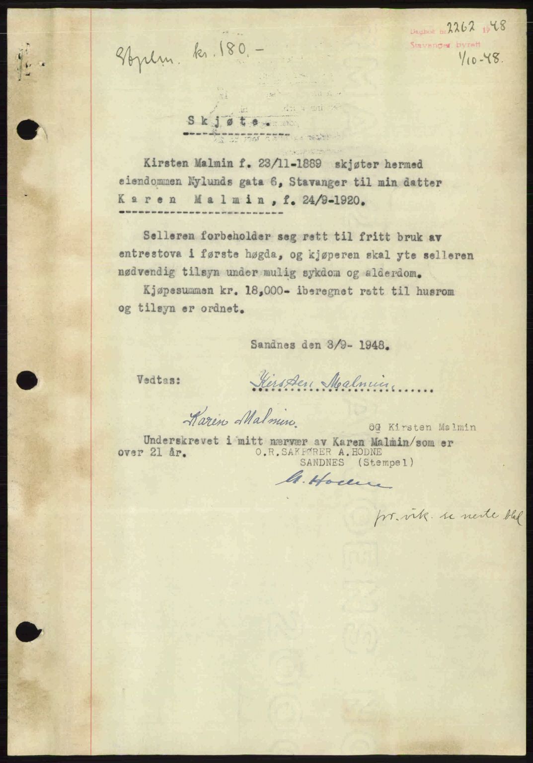 Stavanger byrett, SAST/A-100455/002/G/Gb/L0023: Mortgage book no. A12, 1948-1949, Diary no: : 2262/1948