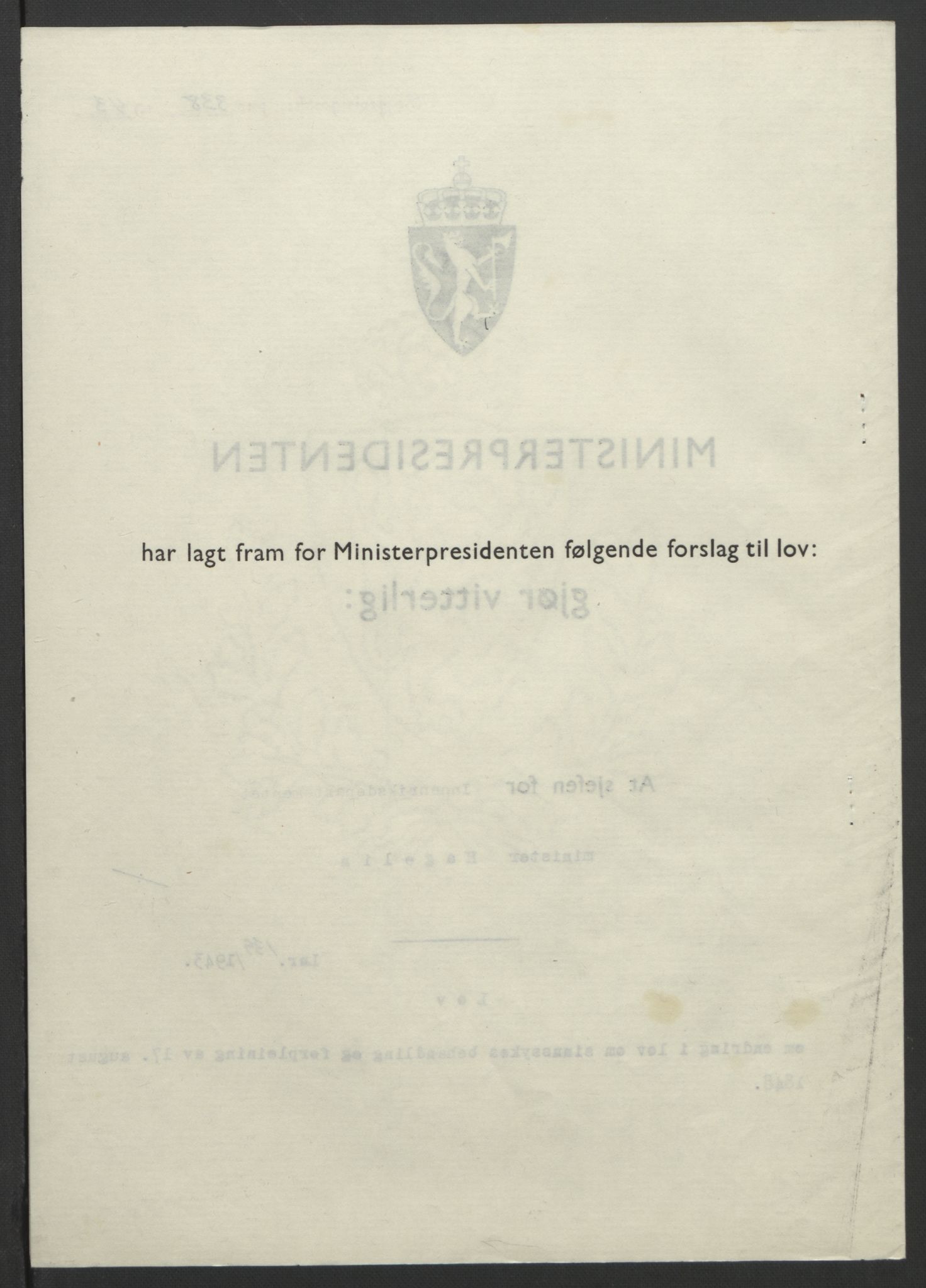 NS-administrasjonen 1940-1945 (Statsrådsekretariatet, de kommisariske statsråder mm), RA/S-4279/D/Db/L0099: Lover, 1943, p. 649