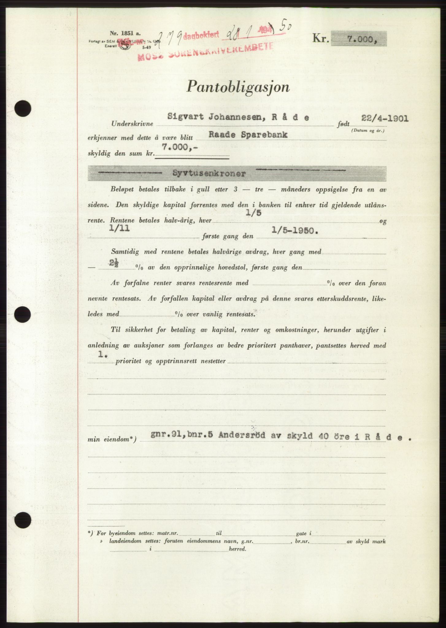 Moss sorenskriveri, SAO/A-10168: Mortgage book no. B23, 1949-1950, Diary no: : 279/1950