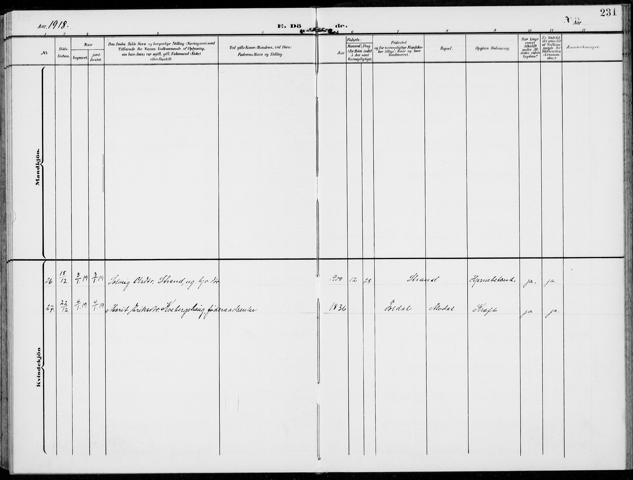 Alvdal prestekontor, AV/SAH-PREST-060/H/Ha/Haa/L0004: Parish register (official) no. 4, 1907-1919, p. 231