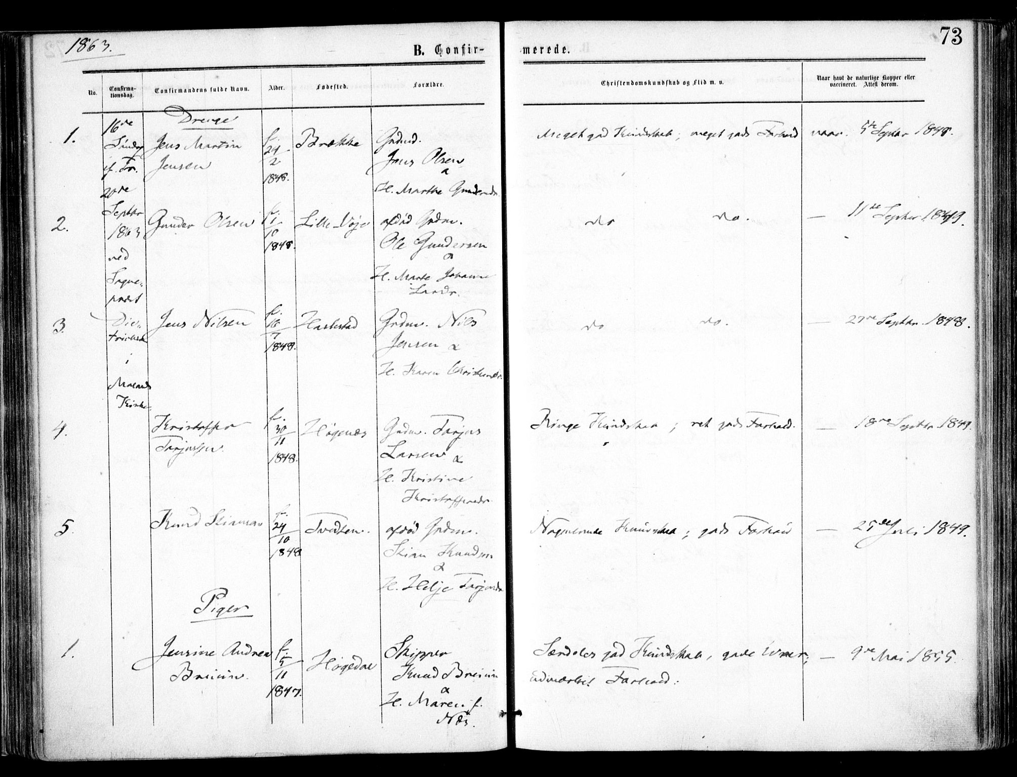 Austre Moland sokneprestkontor, SAK/1111-0001/F/Fa/Faa/L0008: Parish register (official) no. A 8, 1858-1868, p. 73