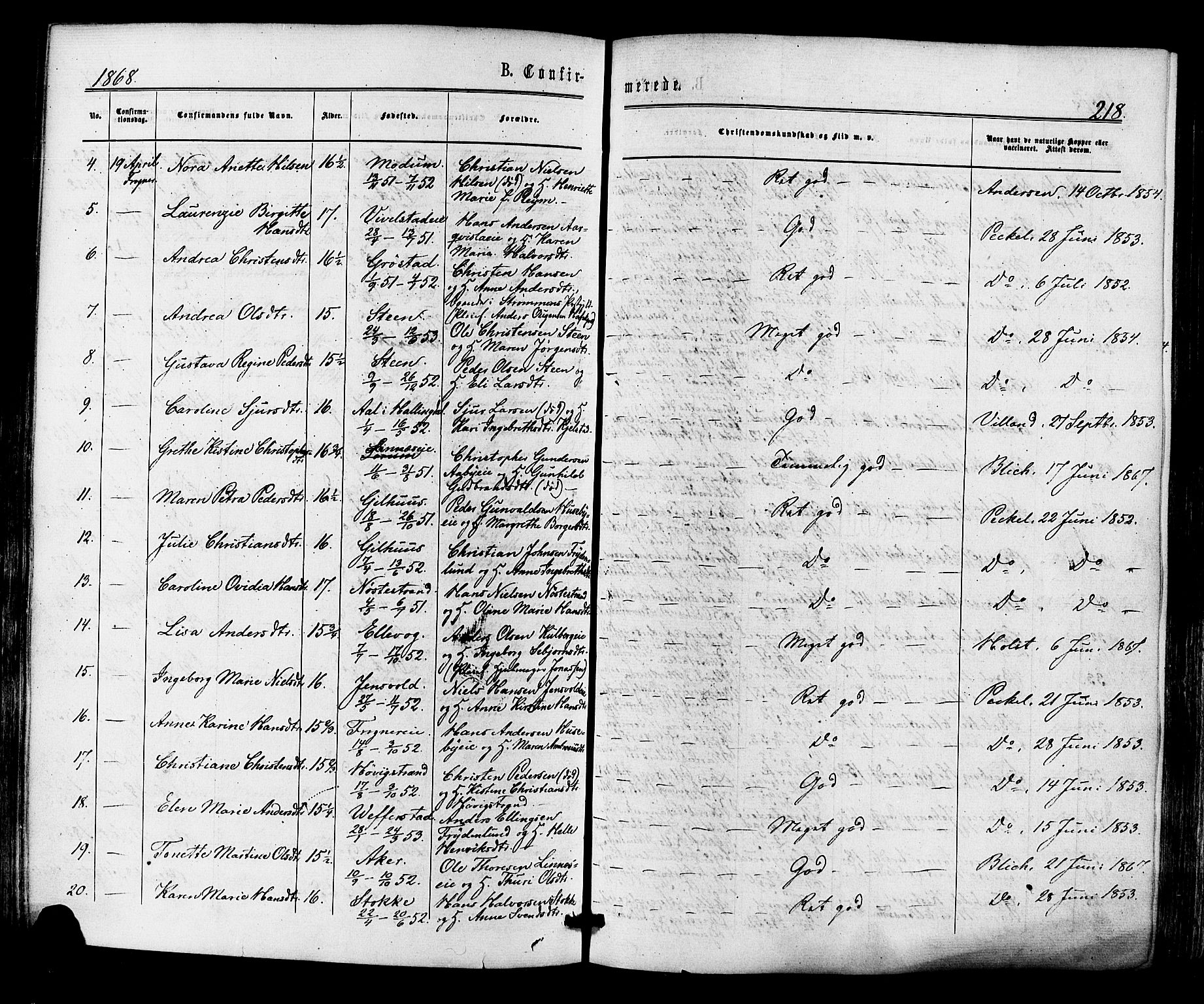 Lier kirkebøker, AV/SAKO-A-230/F/Fa/L0013: Parish register (official) no. I 13, 1865-1874, p. 218