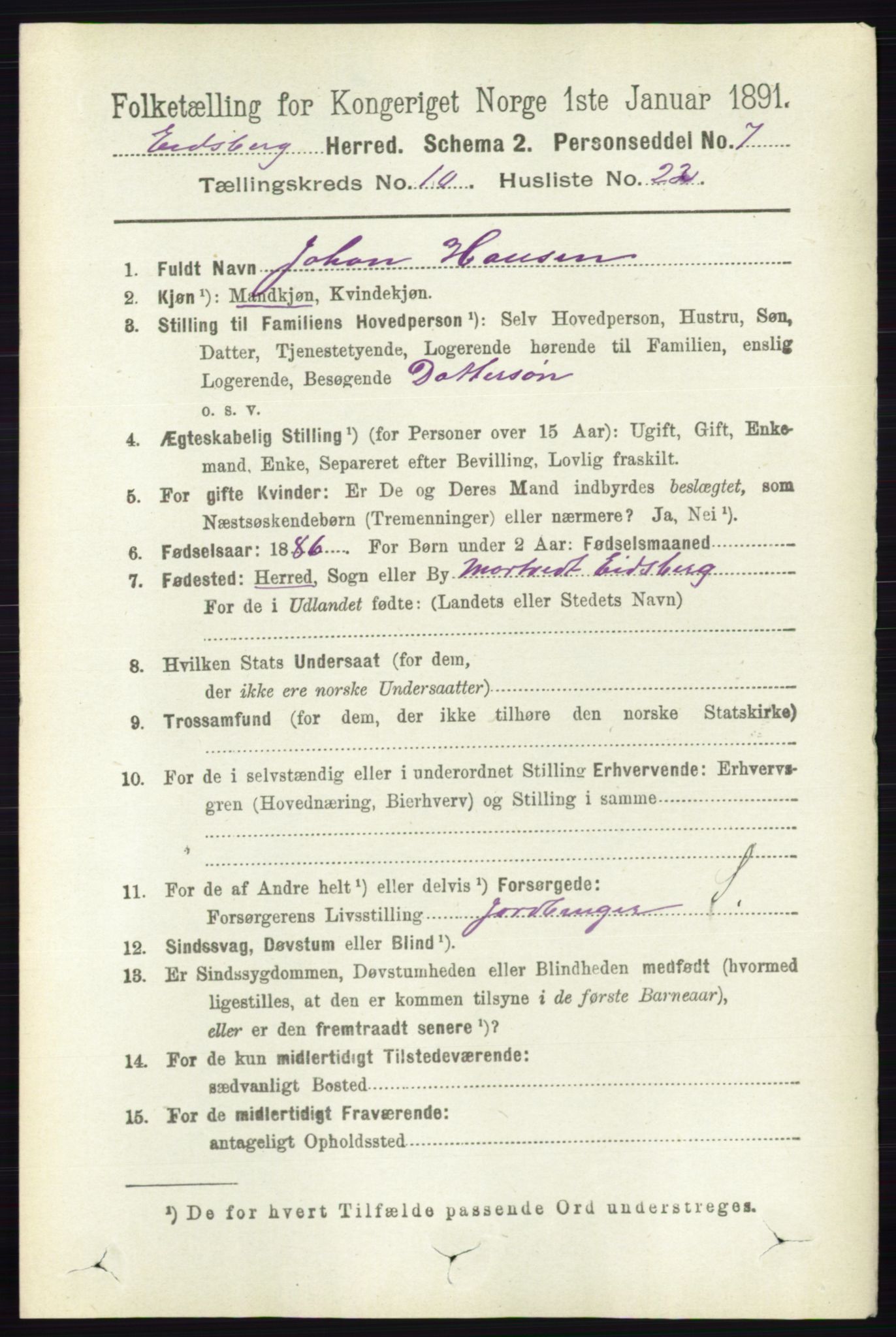 RA, 1891 census for 0125 Eidsberg, 1891, p. 5799