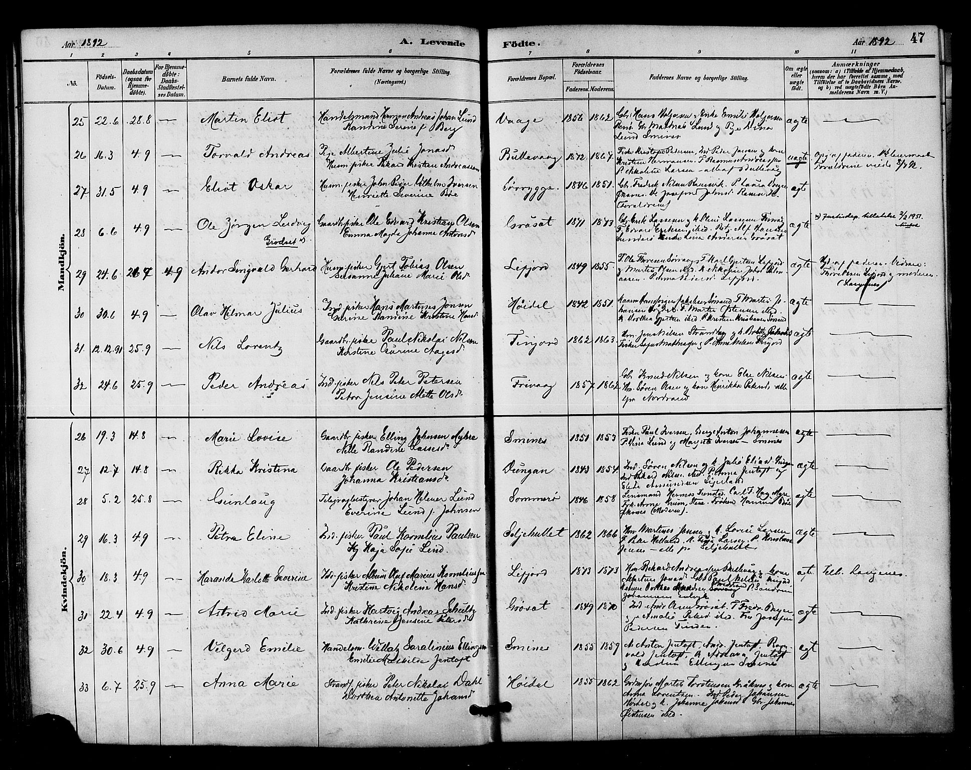 Ministerialprotokoller, klokkerbøker og fødselsregistre - Nordland, AV/SAT-A-1459/893/L1337: Parish register (official) no. 893A09, 1885-1893, p. 47