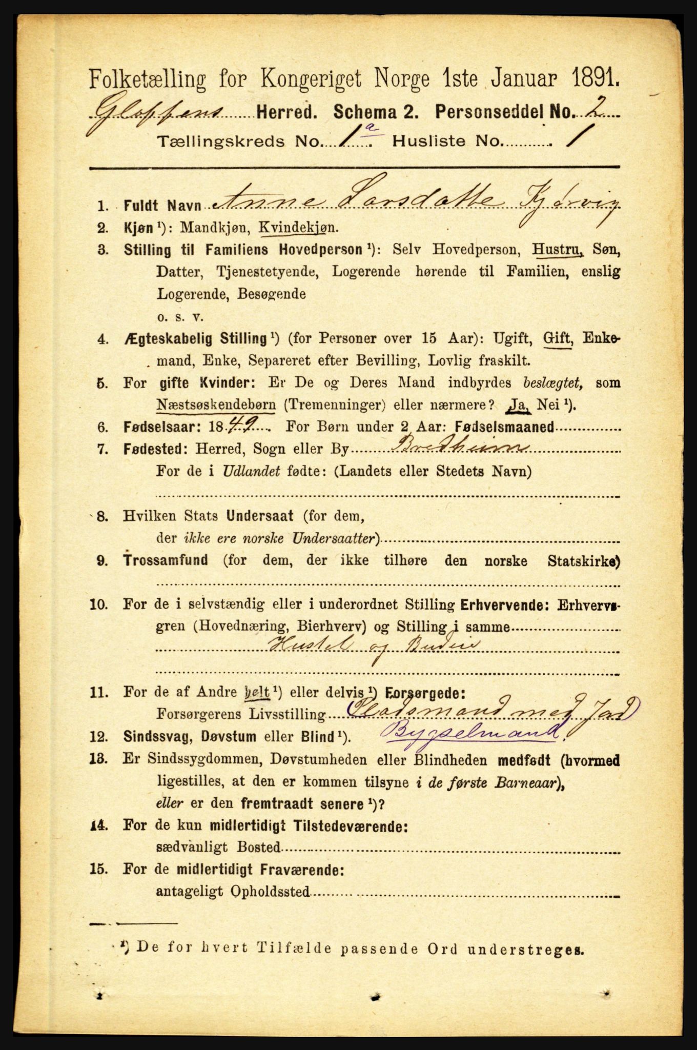 RA, 1891 census for 1445 Gloppen, 1891, p. 78