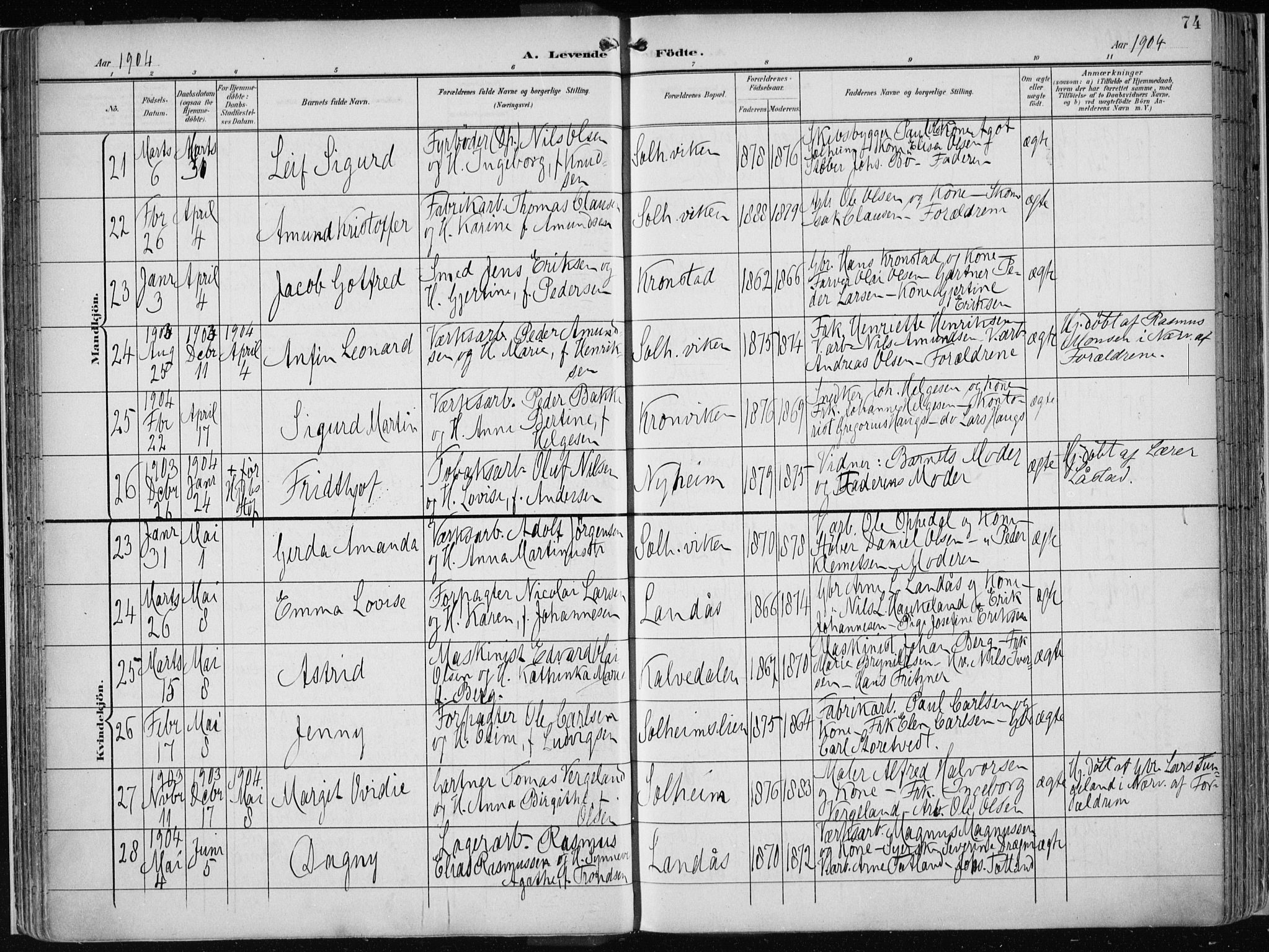 Årstad Sokneprestembete, AV/SAB-A-79301/H/Haa/L0002: Parish register (official) no. A 2, 1899-1914, p. 74