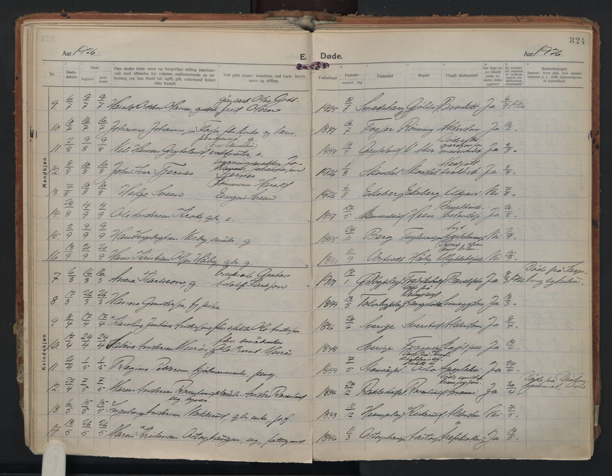 Rakkestad prestekontor Kirkebøker, AV/SAO-A-2008/F/Fa/L0016: Parish register (official) no. I 16, 1922-1943, p. 324