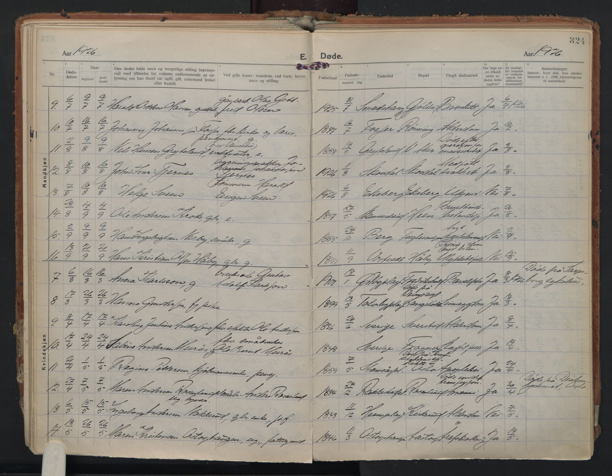 Rakkestad prestekontor Kirkebøker, AV/SAO-A-2008/F/Fa/L0016: Parish register (official) no. I 16, 1922-1943, p. 324