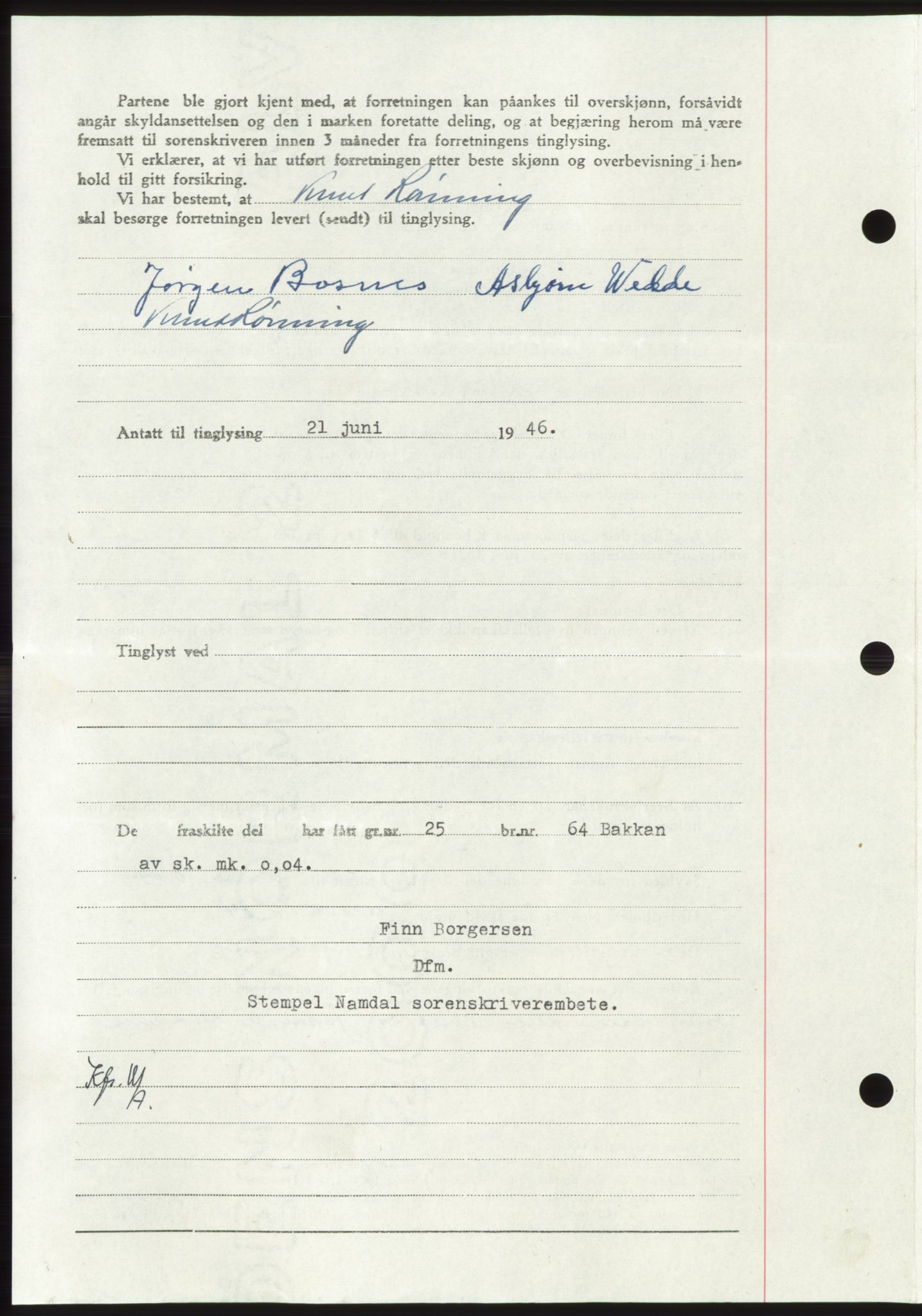 Namdal sorenskriveri, AV/SAT-A-4133/1/2/2C: Mortgage book no. -, 1946-1946, Diary no: : 1067/1946