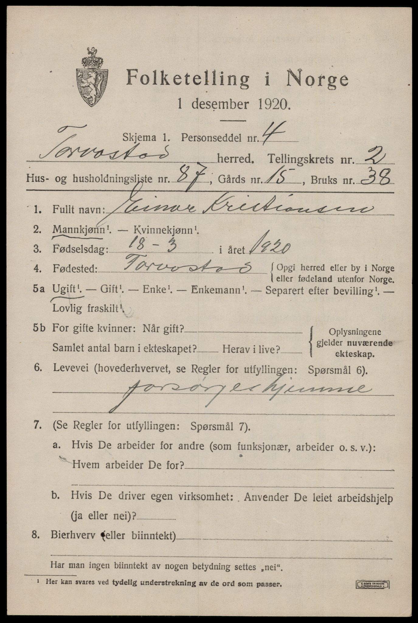 SAST, 1920 census for Torvastad, 1920, p. 2908