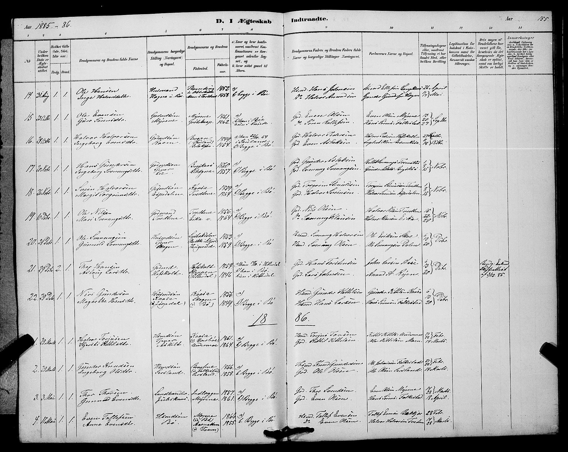 Bø kirkebøker, AV/SAKO-A-257/G/Ga/L0005: Parish register (copy) no. 5, 1883-1897, p. 155