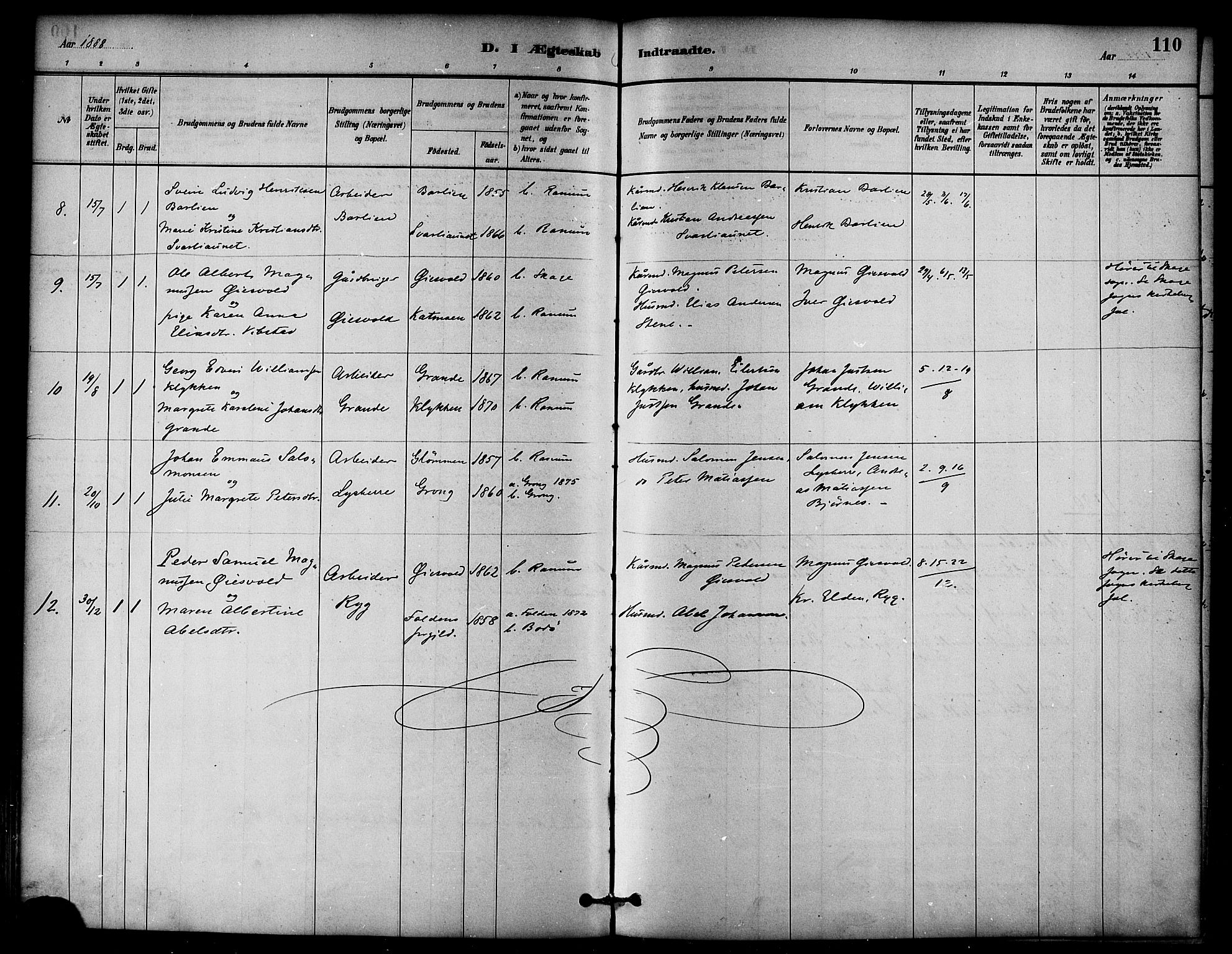 Ministerialprotokoller, klokkerbøker og fødselsregistre - Nord-Trøndelag, AV/SAT-A-1458/764/L0555: Parish register (official) no. 764A10, 1881-1896, p. 110