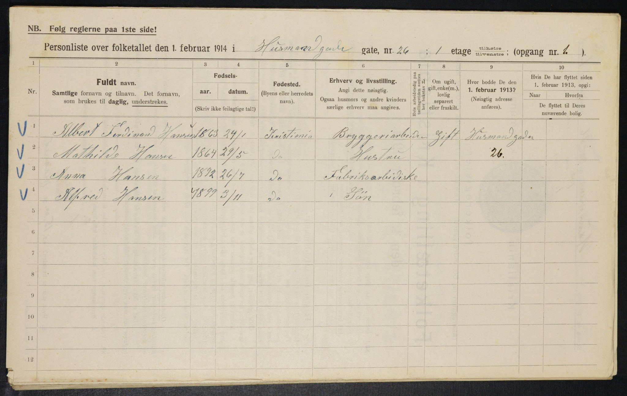 OBA, Municipal Census 1914 for Kristiania, 1914, p. 35255