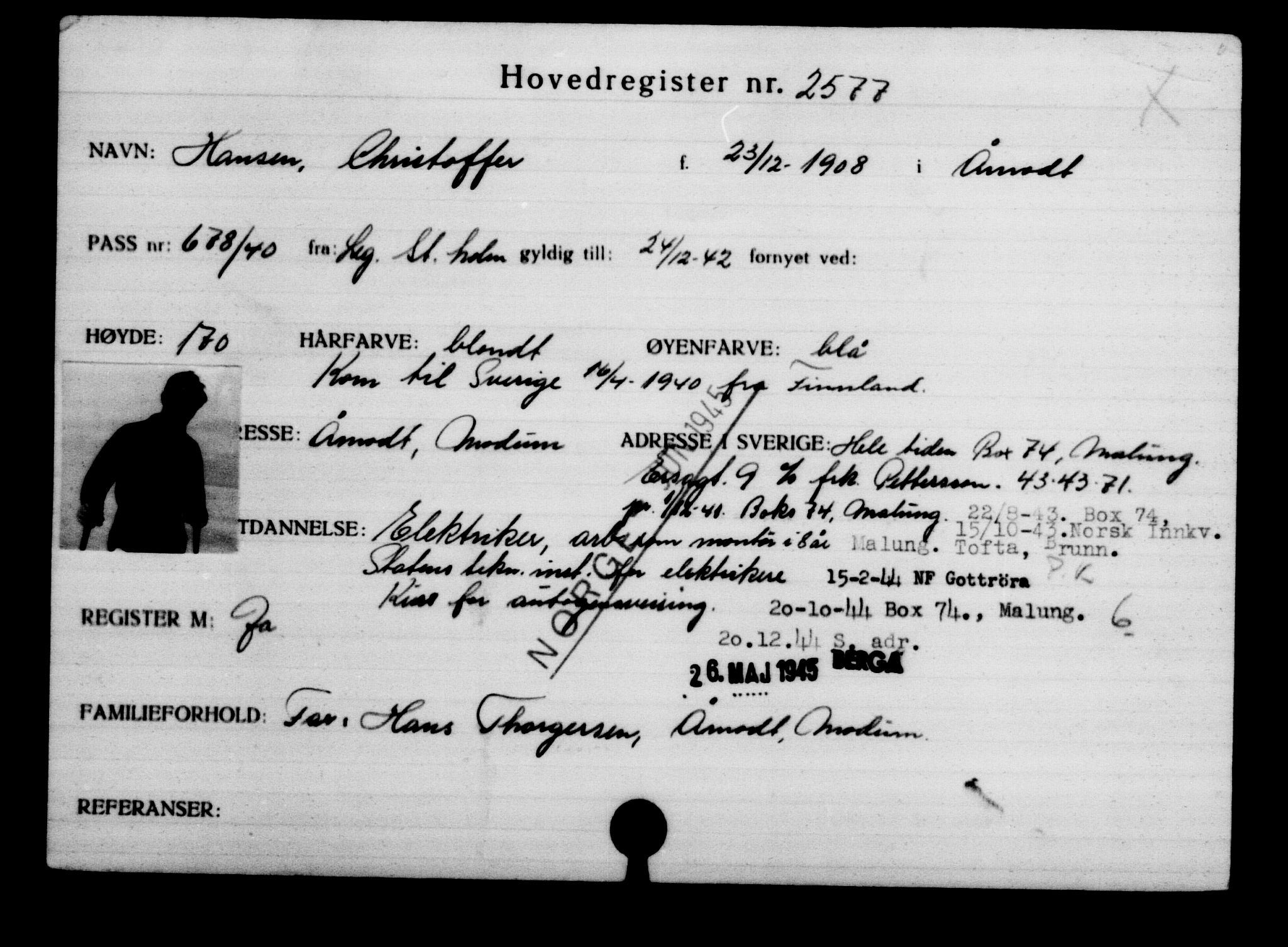 Utenriksstasjonene, Legasjonen i Stockholm, Flyktningkontoret, AV/RA-S-6753/V/Va/L0003: Kjesäterkartoteket, flyktninger med registreringsnr. 2001-3495, 1940-1945, p. 930