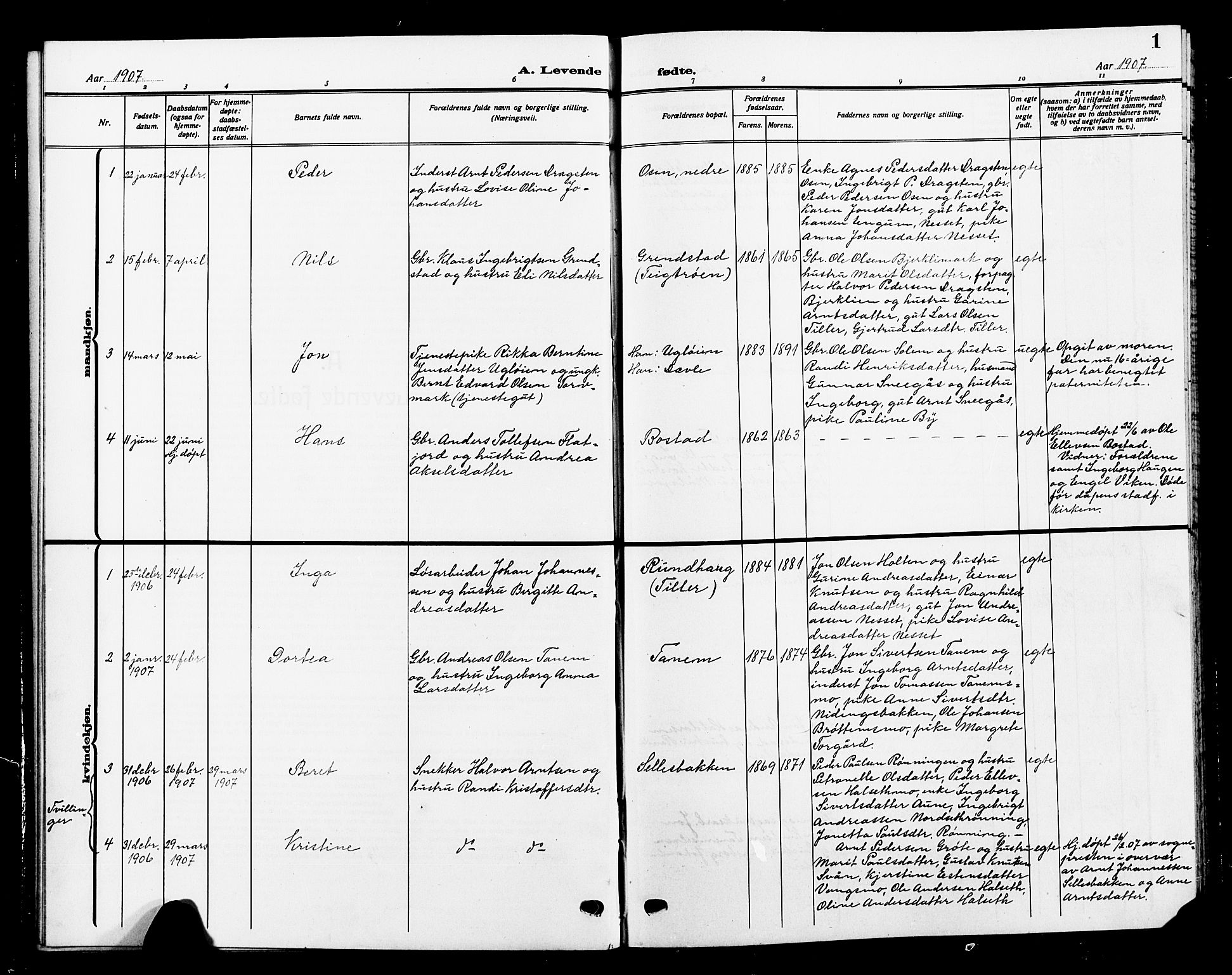 Ministerialprotokoller, klokkerbøker og fødselsregistre - Sør-Trøndelag, SAT/A-1456/618/L0453: Parish register (copy) no. 618C04, 1907-1925, p. 1