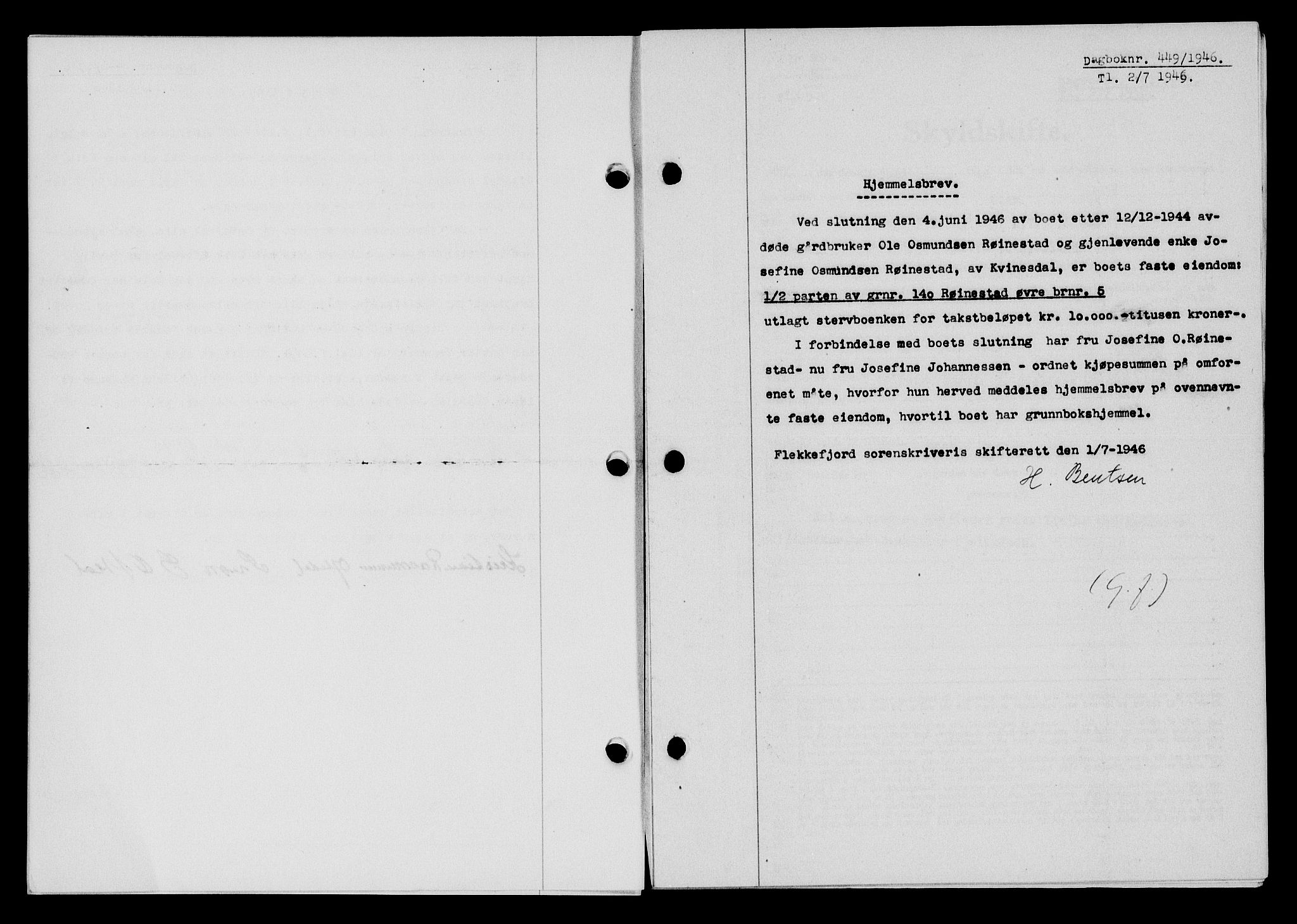 Flekkefjord sorenskriveri, SAK/1221-0001/G/Gb/Gba/L0060: Mortgage book no. A-8, 1945-1946, Diary no: : 449/1946