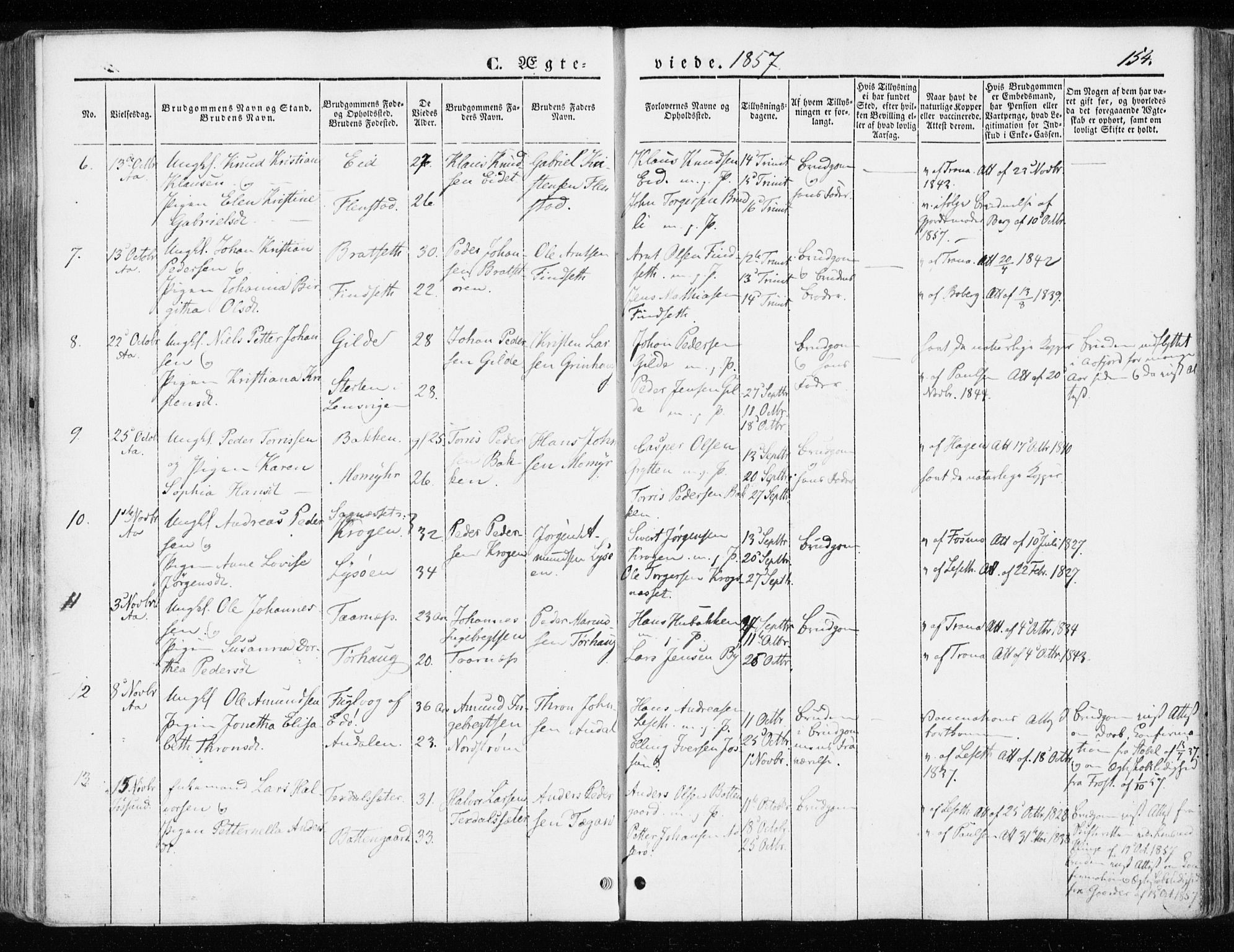 Ministerialprotokoller, klokkerbøker og fødselsregistre - Sør-Trøndelag, SAT/A-1456/655/L0677: Parish register (official) no. 655A06, 1847-1860, p. 154