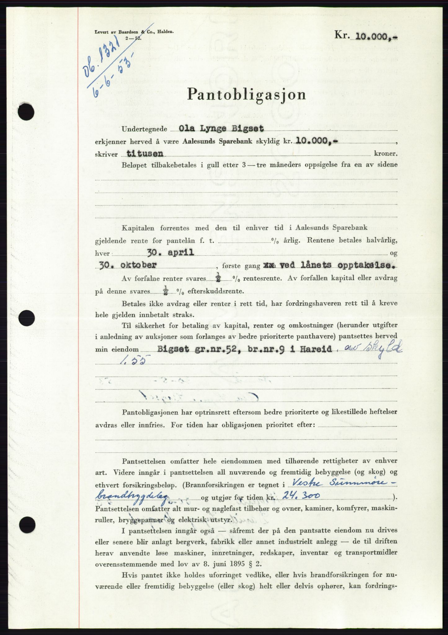 Søre Sunnmøre sorenskriveri, AV/SAT-A-4122/1/2/2C/L0123: Mortgage book no. 11B, 1953-1953, Diary no: : 1321/1953