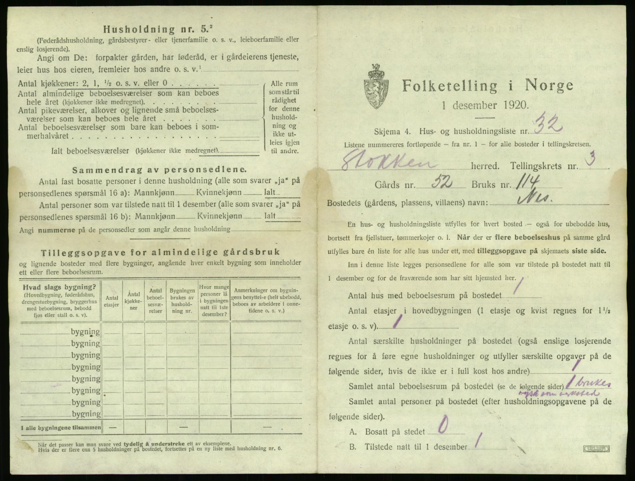 SAK, 1920 census for Stokken, 1920, p. 370