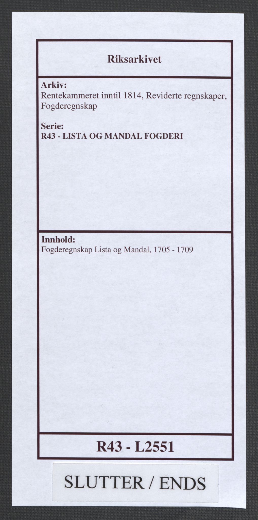 Rentekammeret inntil 1814, Reviderte regnskaper, Fogderegnskap, AV/RA-EA-4092/R43/L2551: Fogderegnskap Lista og Mandal, 1705-1709, p. 580