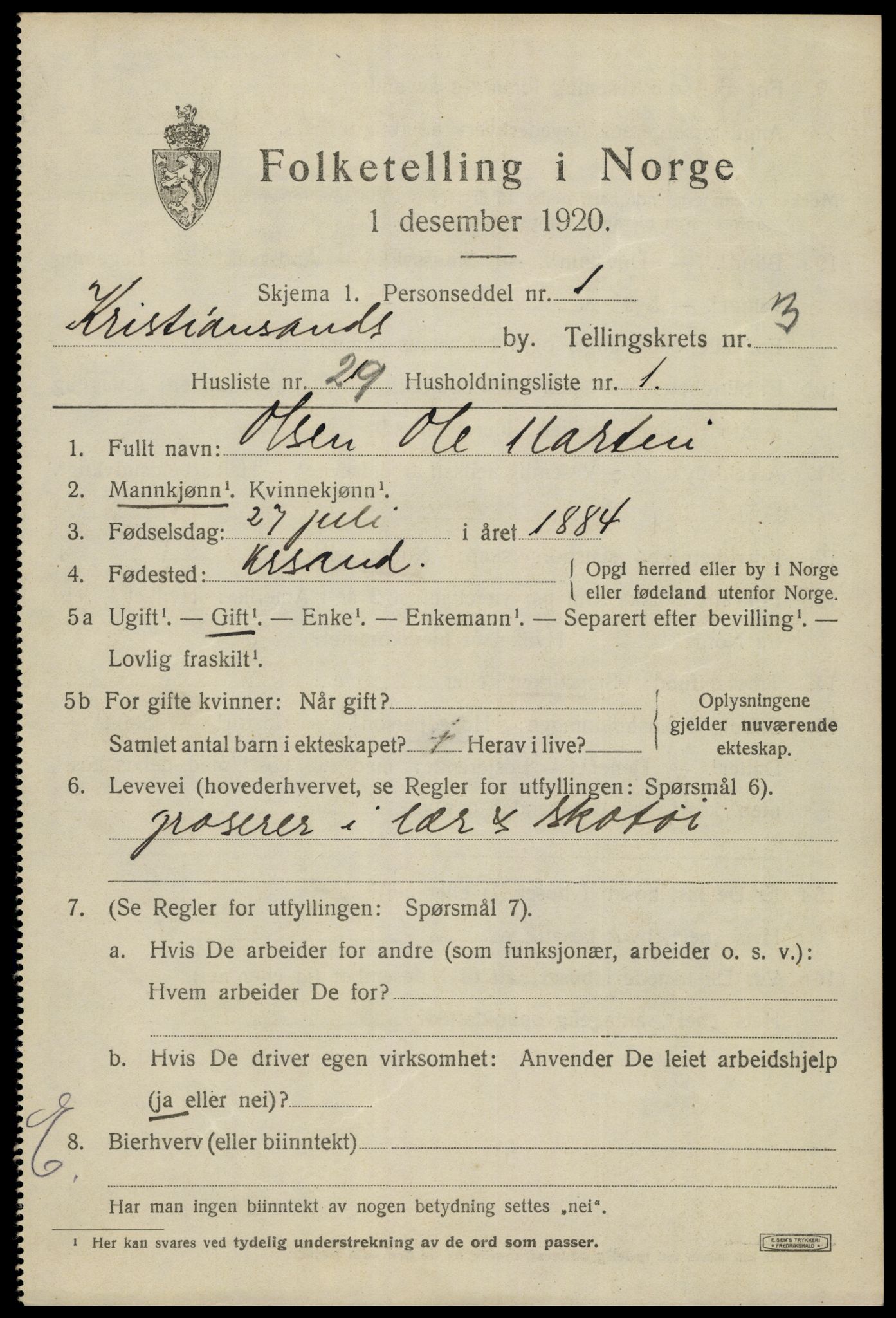 SAK, 1920 census for Kristiansand, 1920, p. 14375