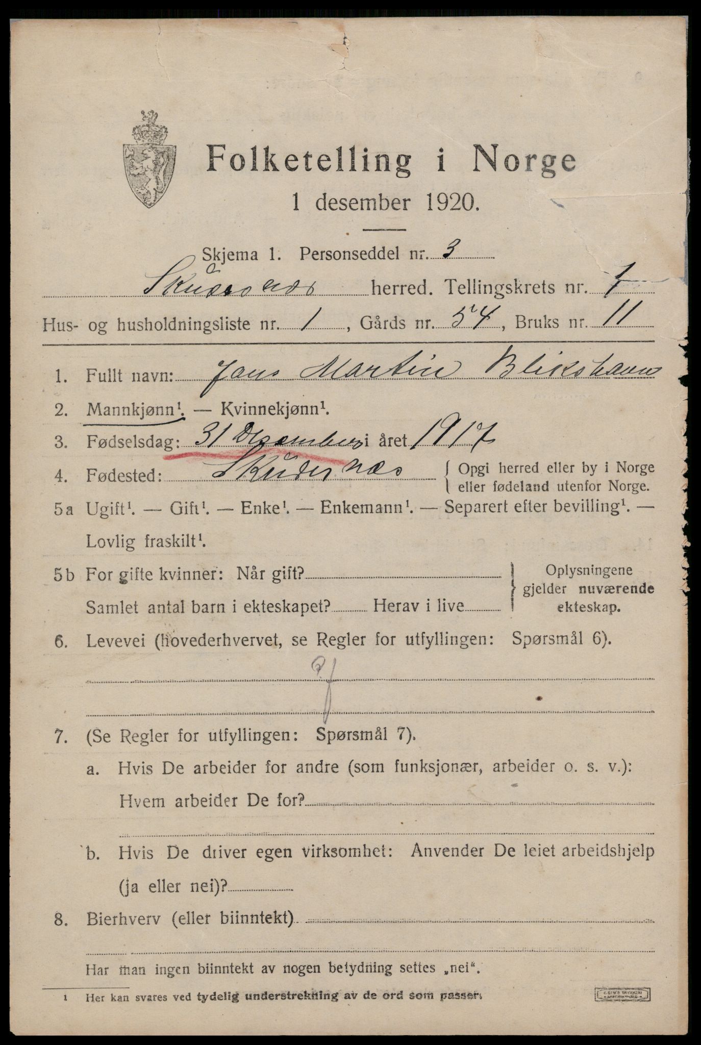 SAST, 1920 census for Skudenes, 1920, p. 1158