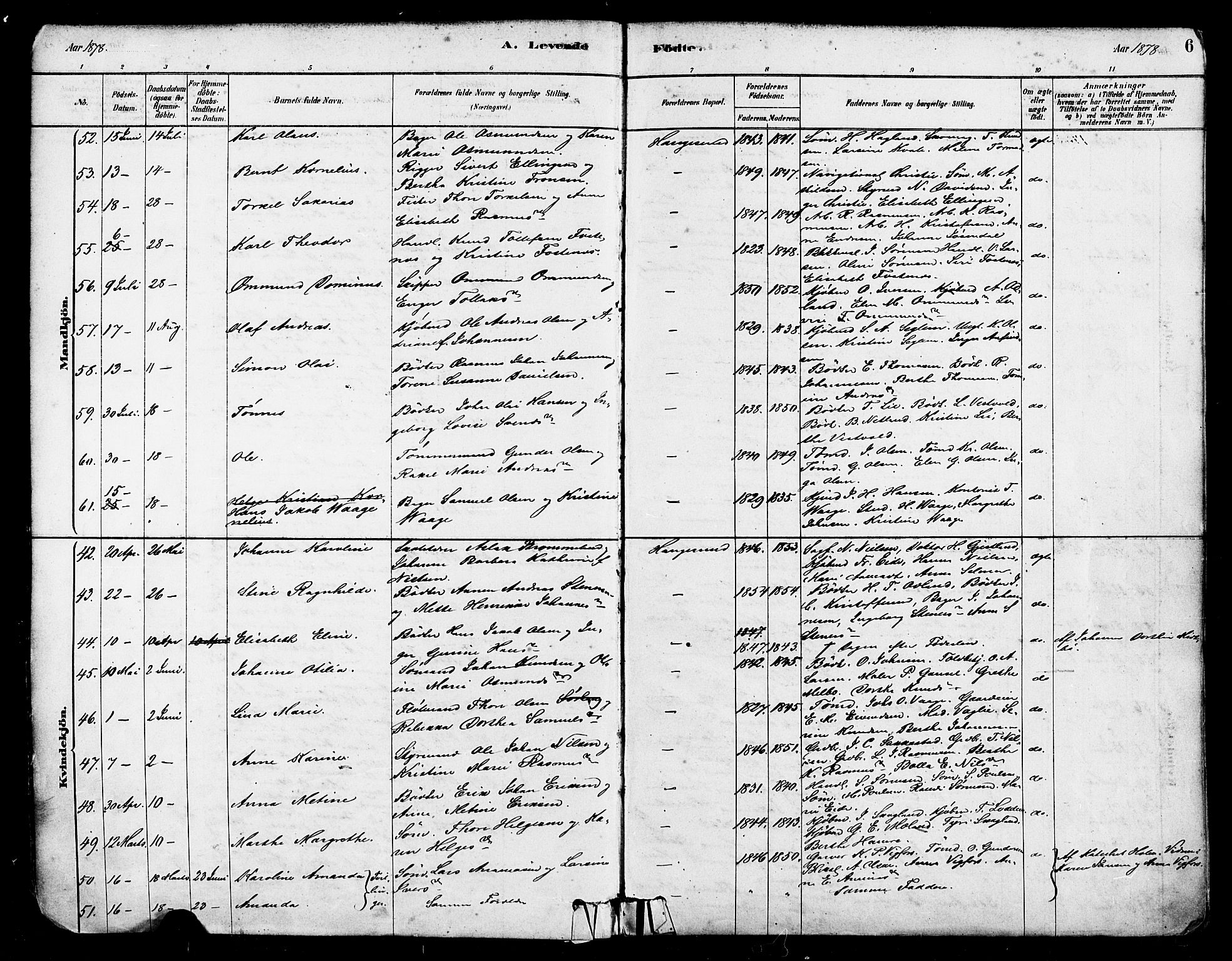 Haugesund sokneprestkontor, SAST/A -101863/H/Ha/Haa/L0001: Parish register (official) no. A 1, 1878-1885, p. 6