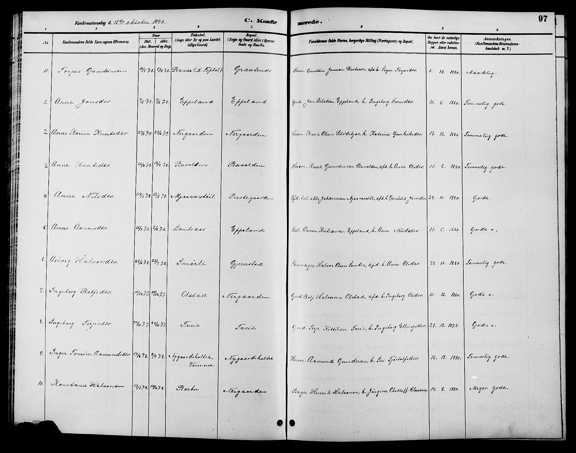 Åmli sokneprestkontor, AV/SAK-1111-0050/F/Fb/Fbc/L0004: Parish register (copy) no. B 4, 1889-1902, p. 97